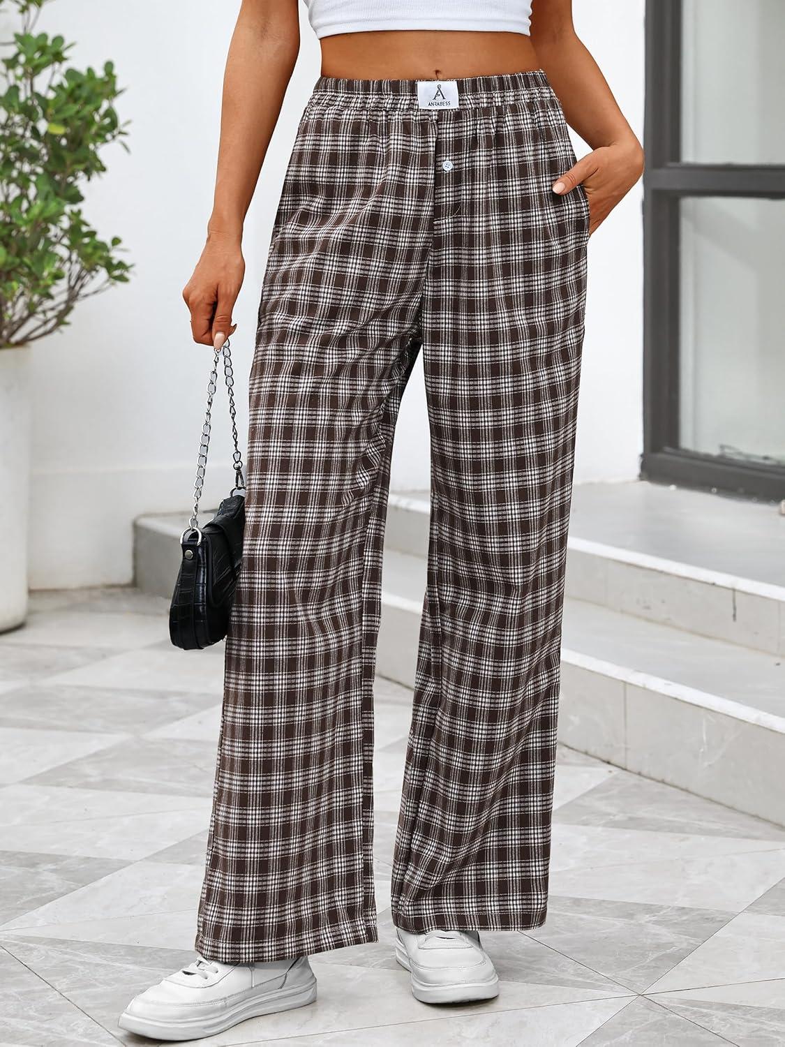 imageANRABESS Womens Striped Gingham Pants 2025 Pajama Lounge Boxer Pants Cute Comfy PJ Bottoms with Pockets Y2K Plaid OutfitsMulti Coffee Plaid
