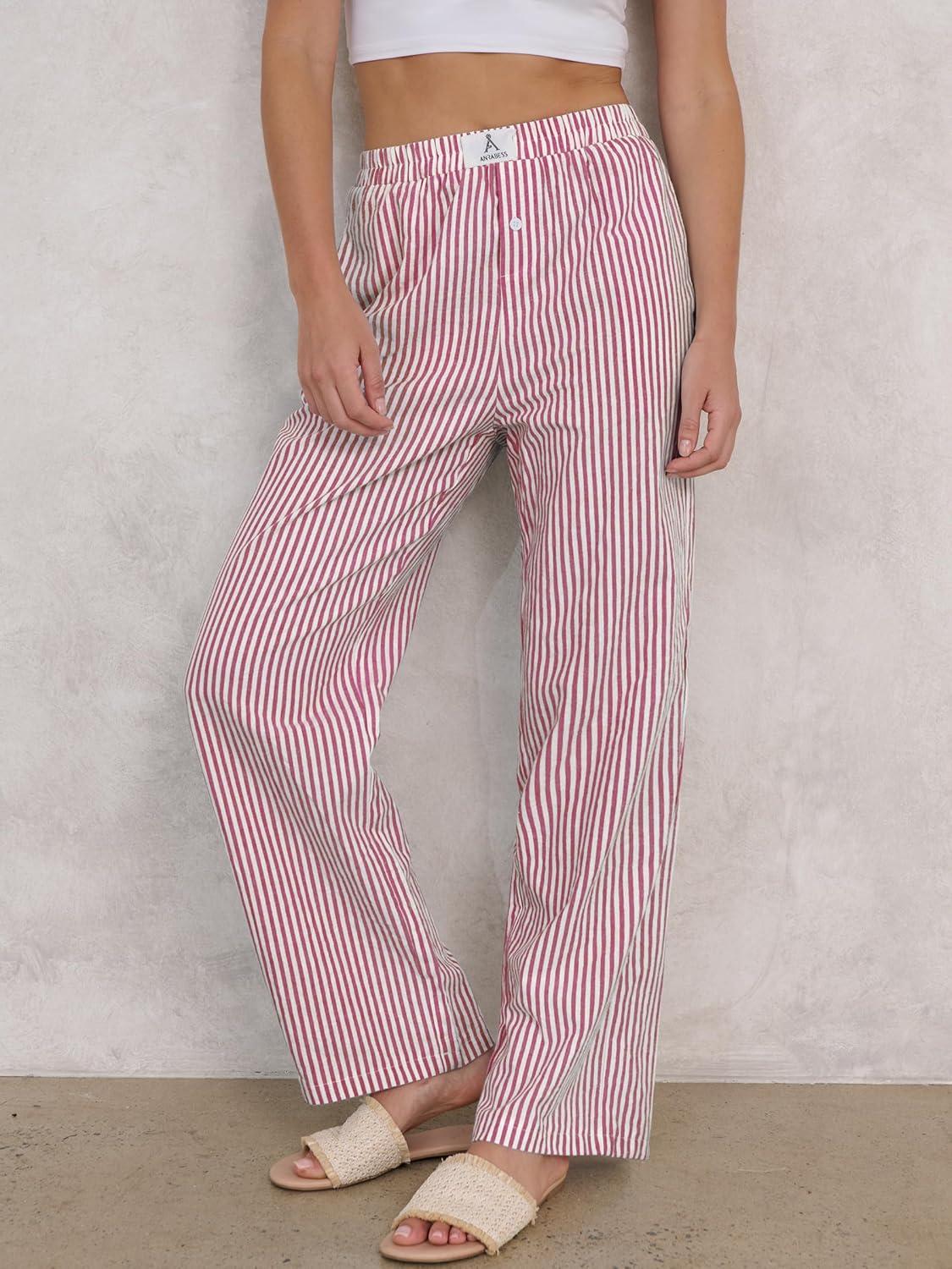imageANRABESS Womens Striped Gingham Pants 2025 Pajama Lounge Boxer Pants Cute Comfy PJ Bottoms with Pockets Y2K Plaid OutfitsRed White Stripe