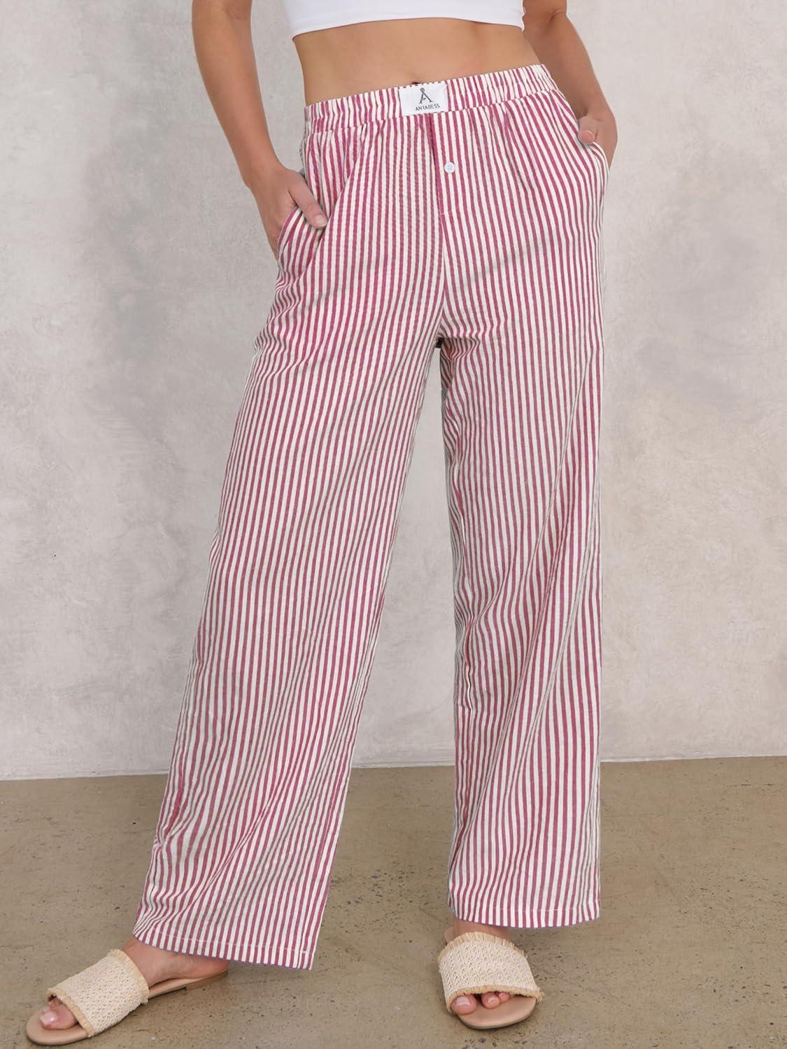 imageANRABESS Womens Striped Gingham Pants 2025 Pajama Lounge Boxer Pants Cute Comfy PJ Bottoms with Pockets Y2K Plaid OutfitsRed White Stripe