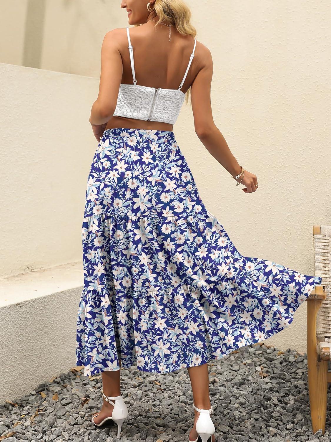 imageANRABESS Womens Summer Boho Flowy Swing Tiered ALine Maxi Skirt 2025 Fashion Trendy Elastic Waist Pleated Long Beach DressFloral Lily