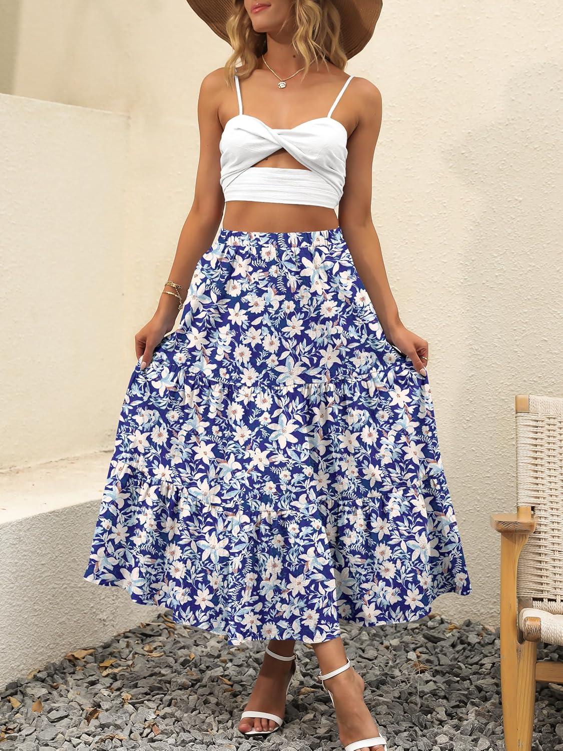 imageANRABESS Womens Summer Boho Flowy Swing Tiered ALine Maxi Skirt 2025 Fashion Trendy Elastic Waist Pleated Long Beach DressFloral Lily