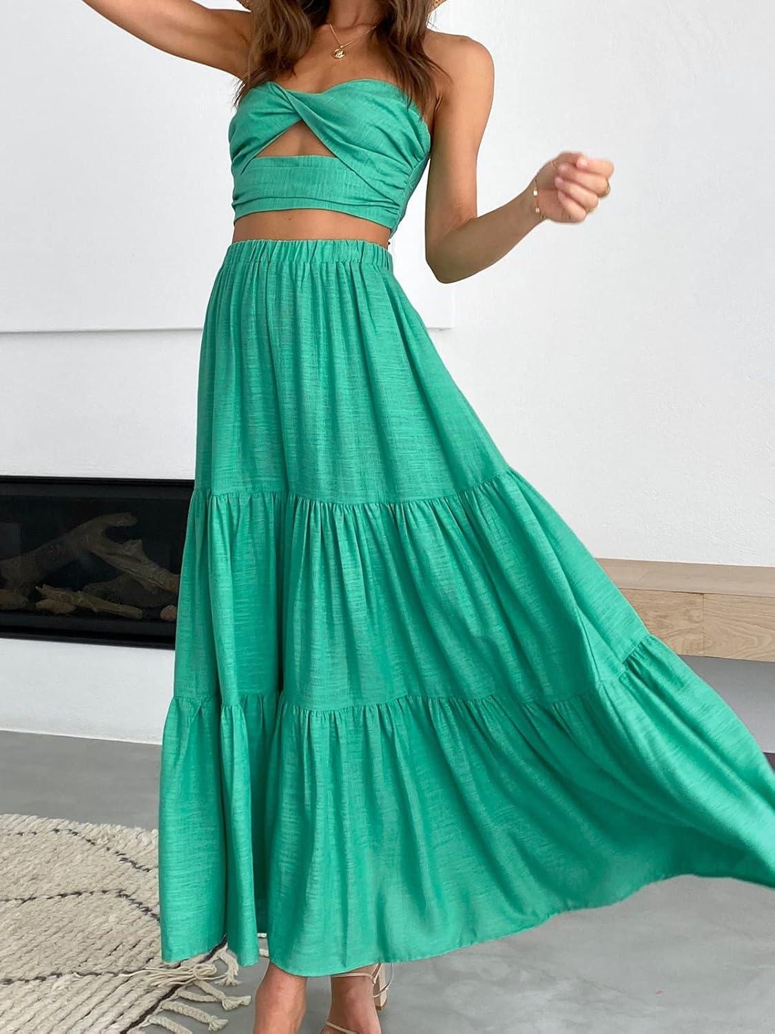 imageANRABESS Womens Summer Boho Flowy Swing Tiered ALine Maxi Skirt 2025 Fashion Trendy Elastic Waist Pleated Long Beach DressForest