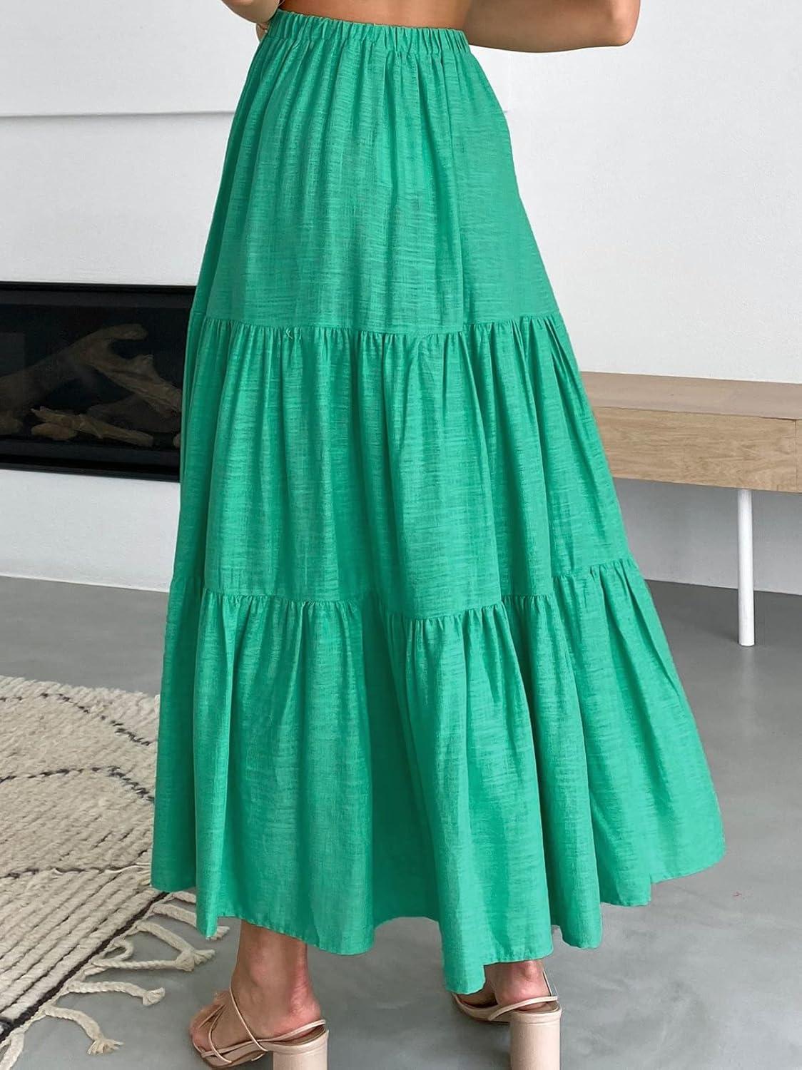 imageANRABESS Womens Summer Boho Flowy Swing Tiered ALine Maxi Skirt 2025 Fashion Trendy Elastic Waist Pleated Long Beach DressForest