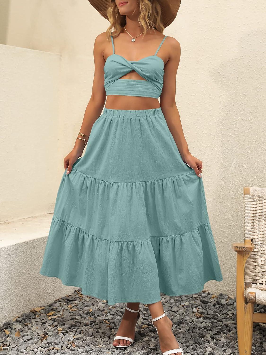 imageANRABESS Womens Summer Boho Flowy Swing Tiered ALine Maxi Skirt 2025 Fashion Trendy Elastic Waist Pleated Long Beach DressLake