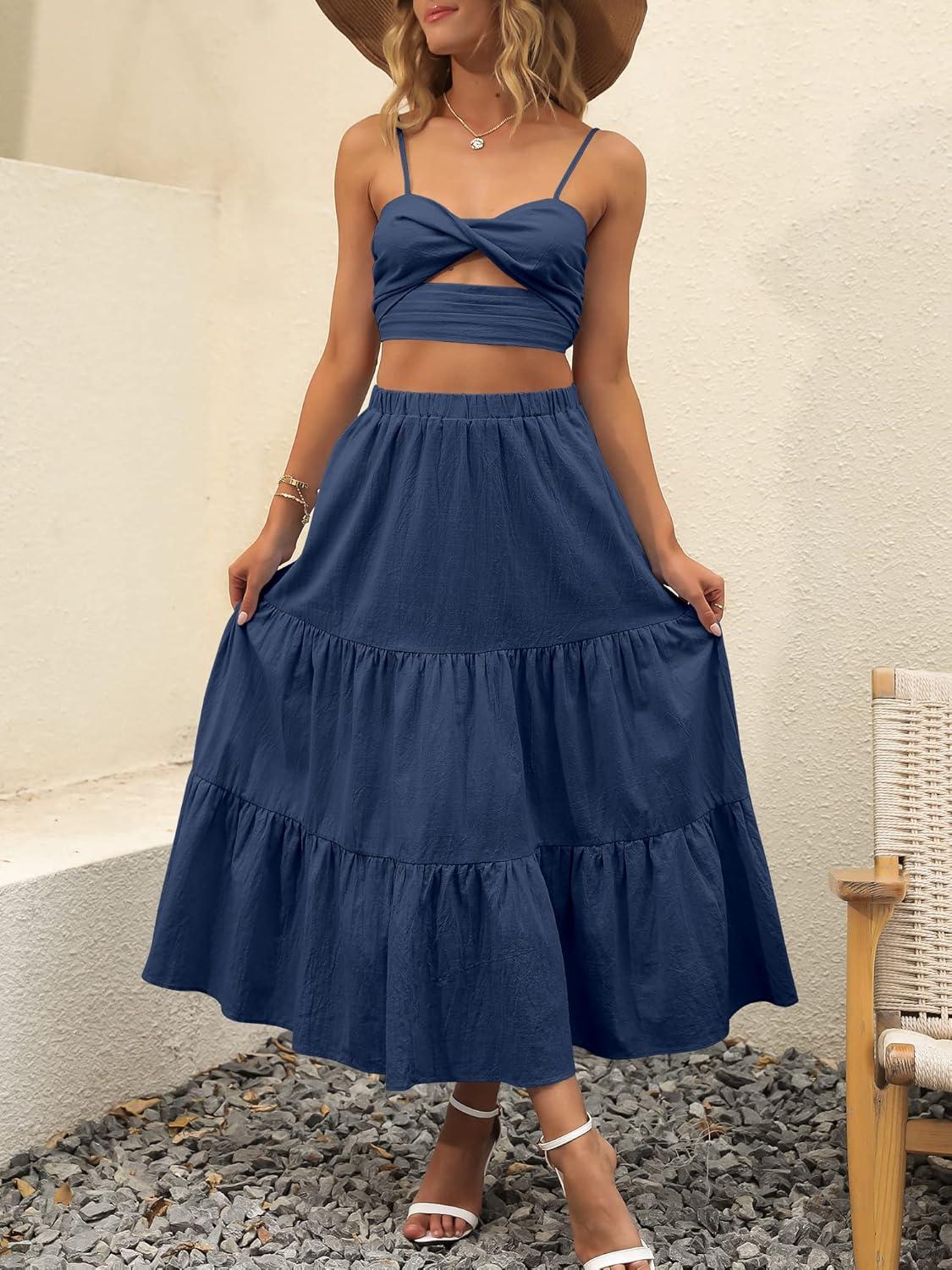 imageANRABESS Womens Summer Boho Flowy Swing Tiered ALine Maxi Skirt 2025 Fashion Trendy Elastic Waist Pleated Long Beach DressNavy Blue