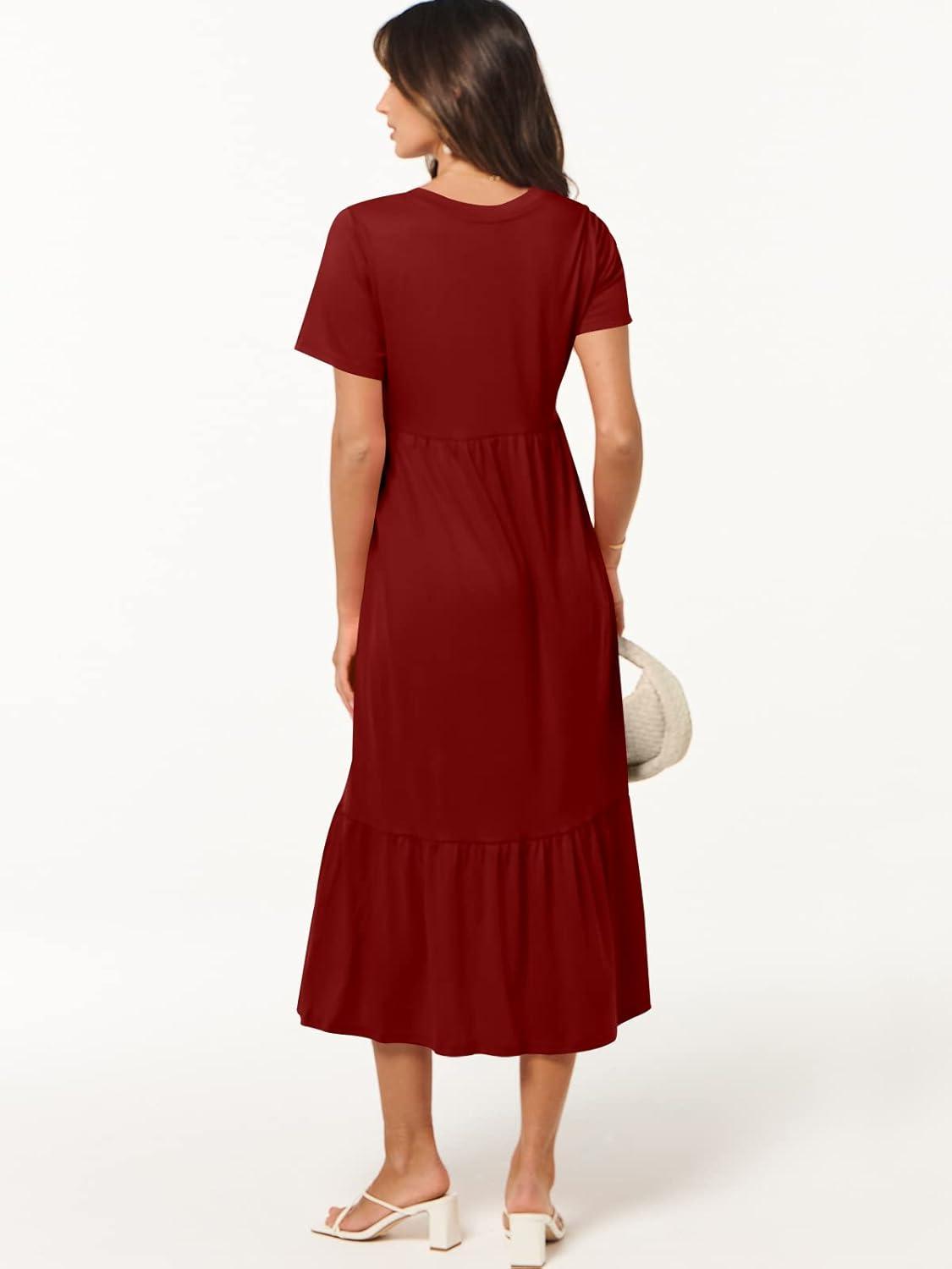 imageANRABESS Womens Summer Casual Short Sleeve T Shirts Maxi Dress Flowy V Neck Tiered Beach Vacation Sundress 2025 OutfitsWine Red Burgundy