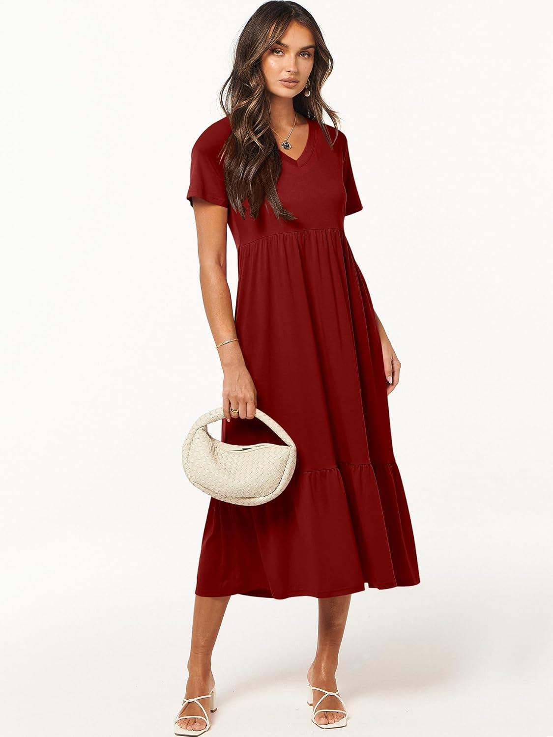 imageANRABESS Womens Summer Casual Short Sleeve T Shirts Maxi Dress Flowy V Neck Tiered Beach Vacation Sundress 2025 OutfitsWine Red Burgundy