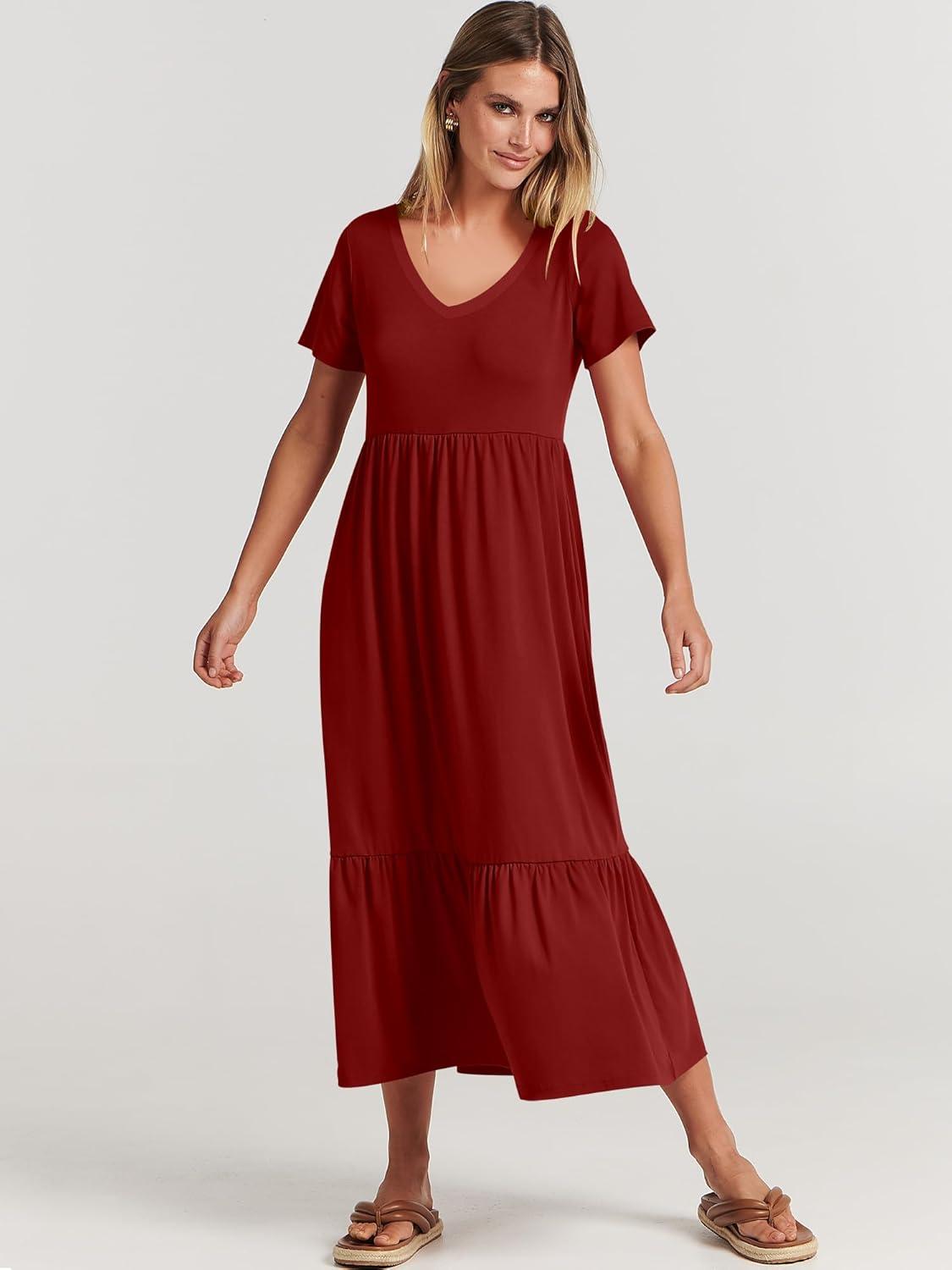 imageANRABESS Womens Summer Casual Short Sleeve T Shirts Maxi Dress Flowy V Neck Tiered Beach Vacation Sundress 2025 OutfitsWine Red Burgundy