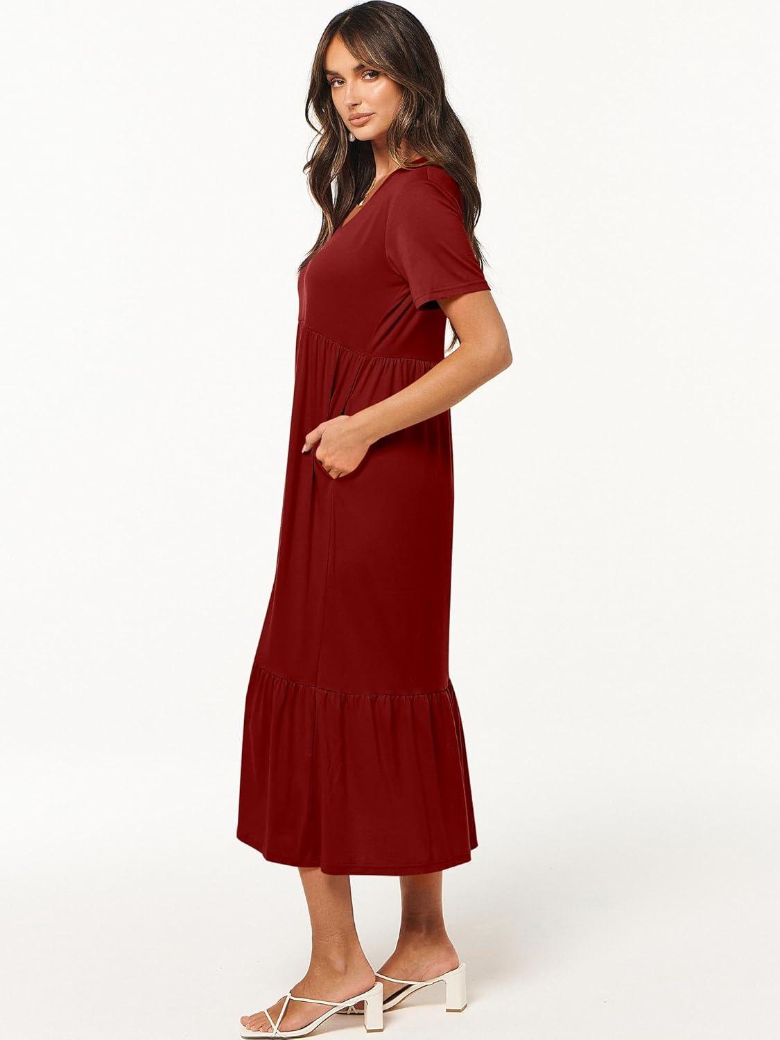 imageANRABESS Womens Summer Casual Short Sleeve T Shirts Maxi Dress Flowy V Neck Tiered Beach Vacation Sundress 2025 OutfitsWine Red Burgundy