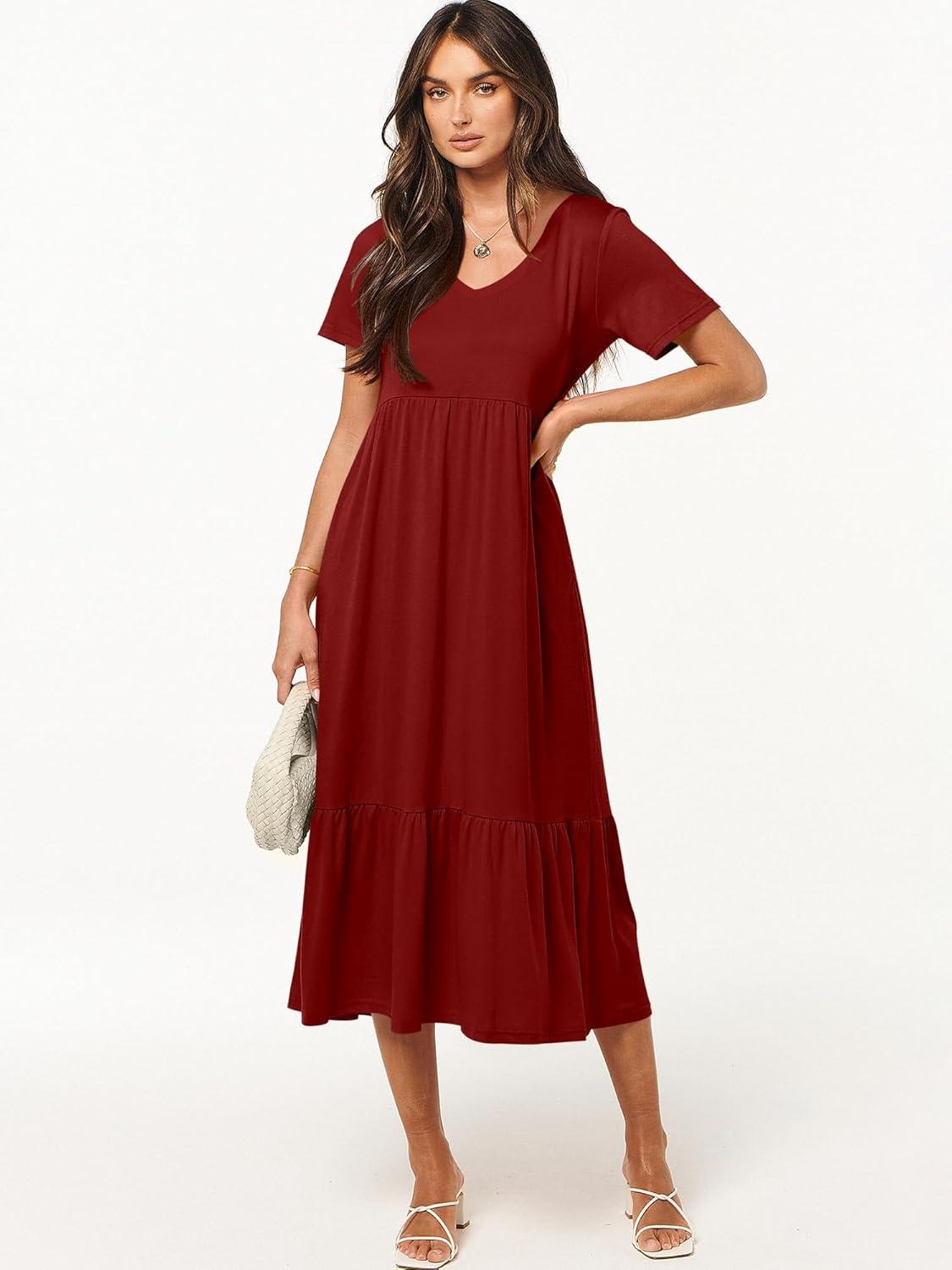 imageANRABESS Womens Summer Casual Short Sleeve T Shirts Maxi Dress Flowy V Neck Tiered Beach Vacation Sundress 2025 OutfitsWine Red Burgundy