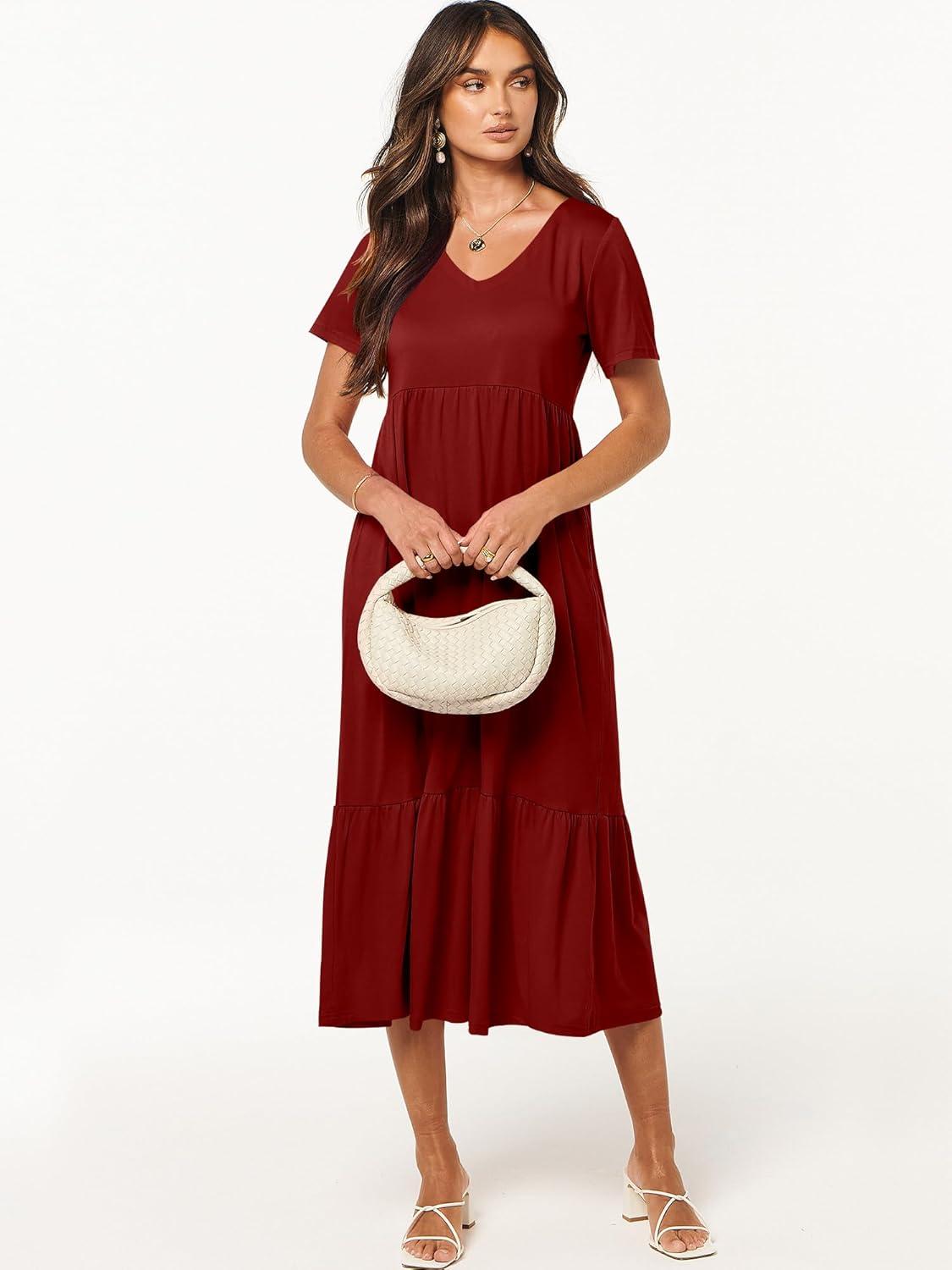 imageANRABESS Womens Summer Casual Short Sleeve T Shirts Maxi Dress Flowy V Neck Tiered Beach Vacation Sundress 2025 OutfitsWine Red Burgundy