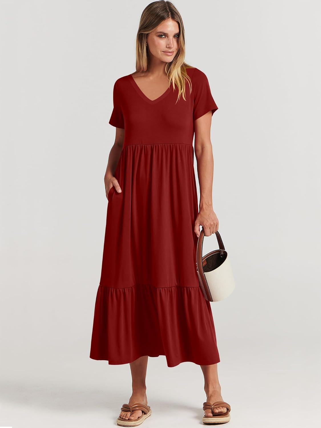 imageANRABESS Womens Summer Casual Short Sleeve T Shirts Maxi Dress Flowy V Neck Tiered Beach Vacation Sundress 2025 OutfitsWine Red Burgundy