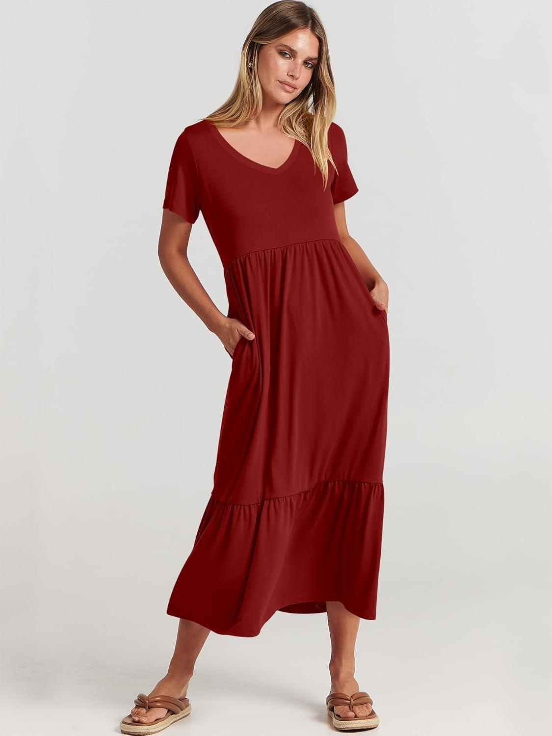 imageANRABESS Womens Summer Casual Short Sleeve T Shirts Maxi Dress Flowy V Neck Tiered Beach Vacation Sundress 2025 OutfitsWine Red Burgundy