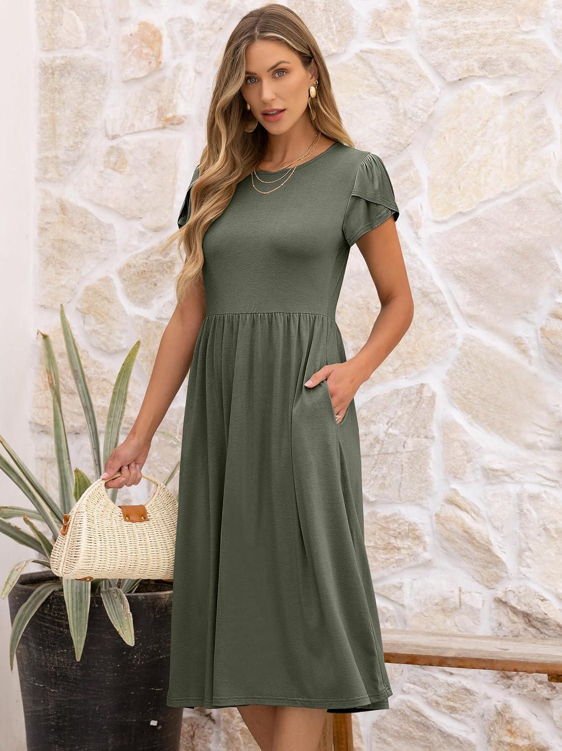 imageANRABESS Womens Summer Short Sleeve ALine Midi Dresses Casual Floral TShirt Dresses Flowy Beach Sundress with PocketsOlive