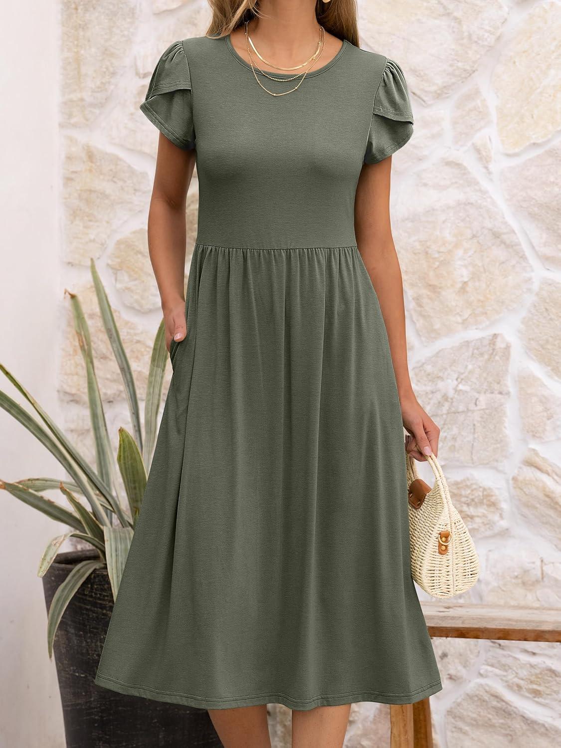 imageANRABESS Womens Summer Short Sleeve ALine Midi Dresses Casual Floral TShirt Dresses Flowy Beach Sundress with PocketsOlive