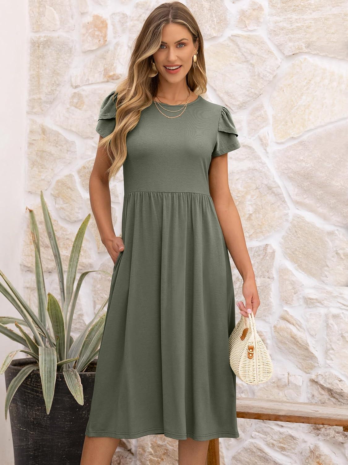 imageANRABESS Womens Summer Short Sleeve ALine Midi Dresses Casual Floral TShirt Dresses Flowy Beach Sundress with PocketsOlive