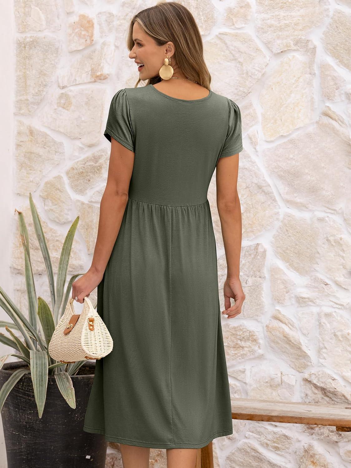 imageANRABESS Womens Summer Short Sleeve ALine Midi Dresses Casual Floral TShirt Dresses Flowy Beach Sundress with PocketsOlive