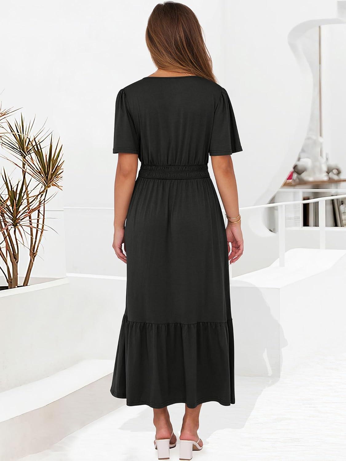 imageANRABESS Womens Summer Short Sleeve Maxi Dress 2025 Casual V Neck High Waist ALine Flowy Loose Tiered Boho Long DressesBlack