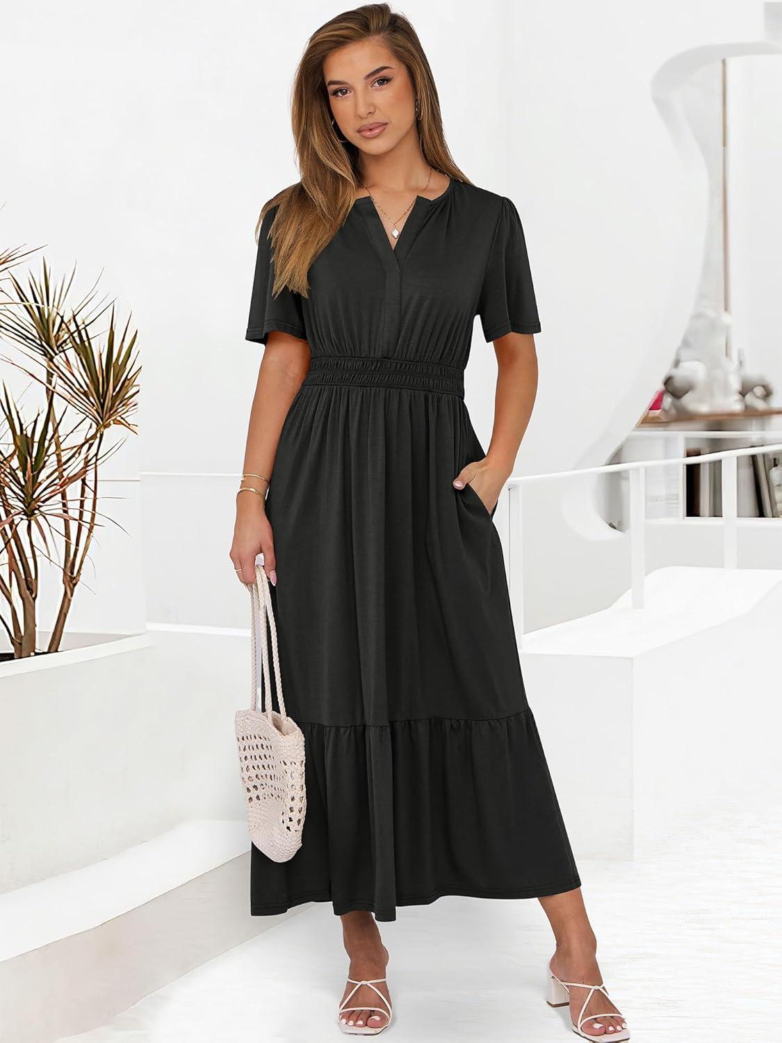 imageANRABESS Womens Summer Short Sleeve Maxi Dress 2025 Casual V Neck High Waist ALine Flowy Loose Tiered Boho Long DressesBlack