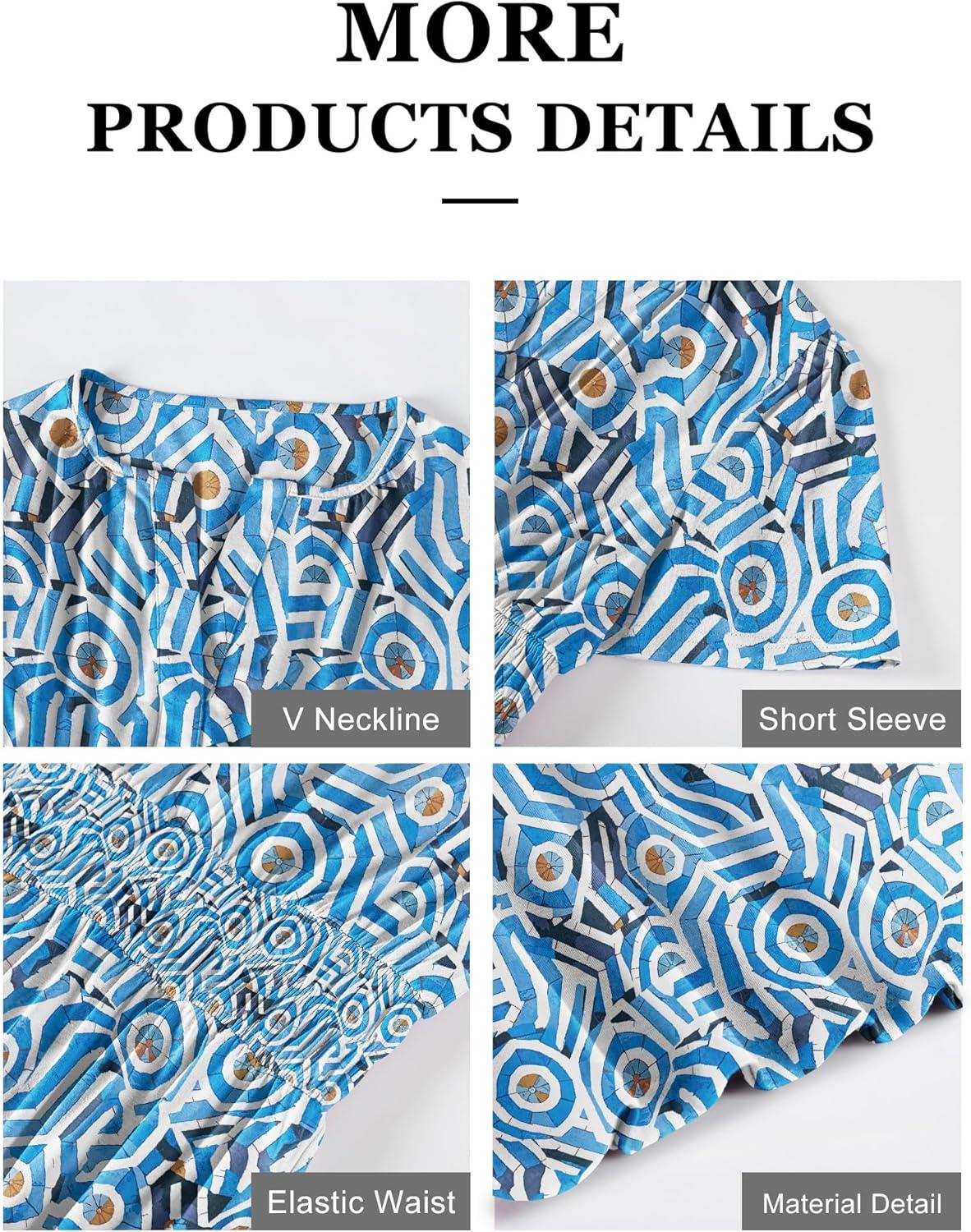 imageANRABESS Womens Summer Short Sleeve Maxi Dress 2025 Casual V Neck High Waist ALine Flowy Loose Tiered Boho Long DressesBlue Geometry