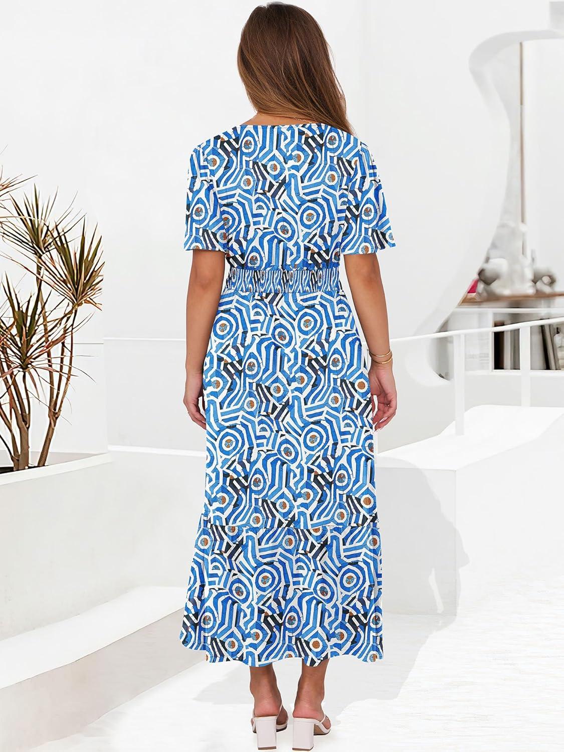 imageANRABESS Womens Summer Short Sleeve Maxi Dress 2025 Casual V Neck High Waist ALine Flowy Loose Tiered Boho Long DressesBlue Geometry