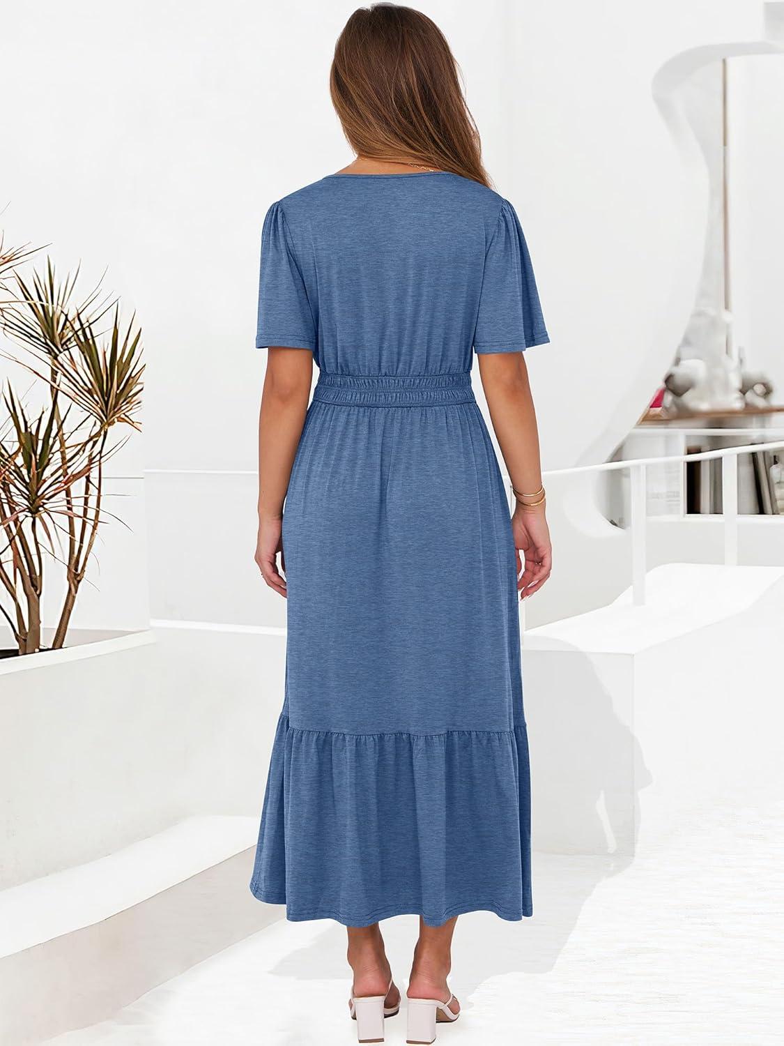 imageANRABESS Womens Summer Short Sleeve Maxi Dress 2025 Casual V Neck High Waist ALine Flowy Loose Tiered Boho Long DressesDark Blue