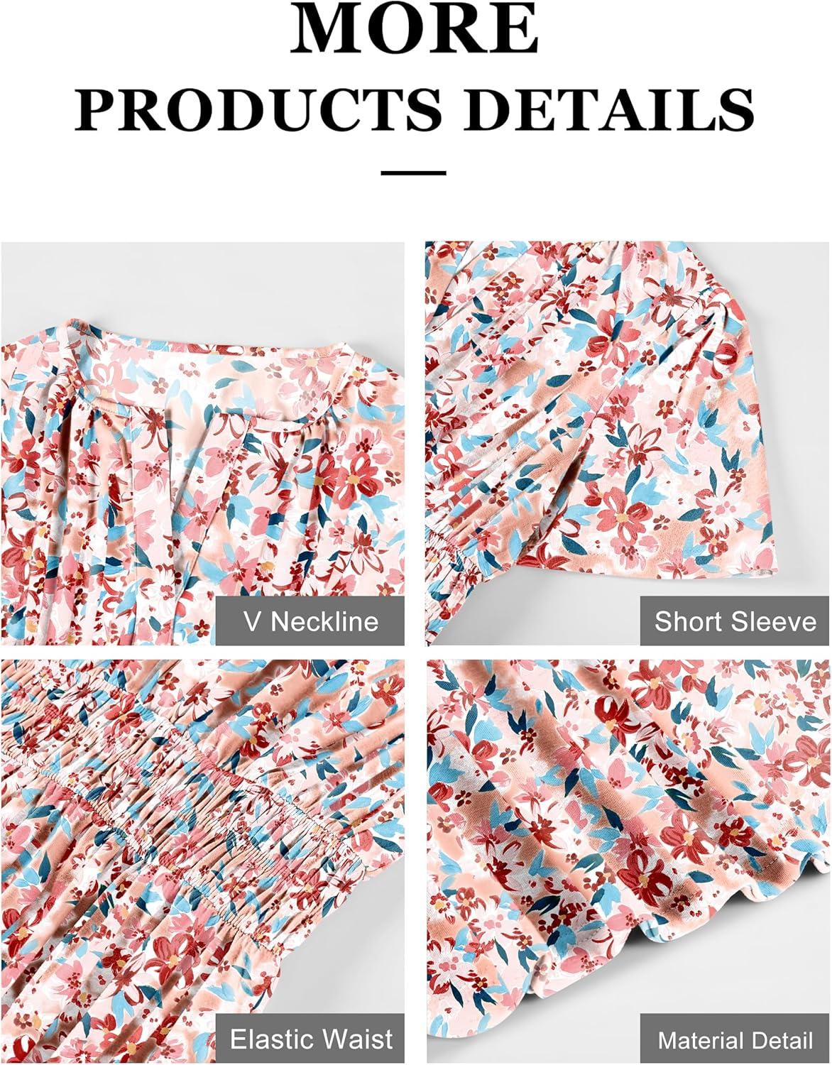 imageANRABESS Womens Summer Short Sleeve Maxi Dress 2025 Casual V Neck High Waist ALine Flowy Loose Tiered Boho Long DressesDeep Pink Floral