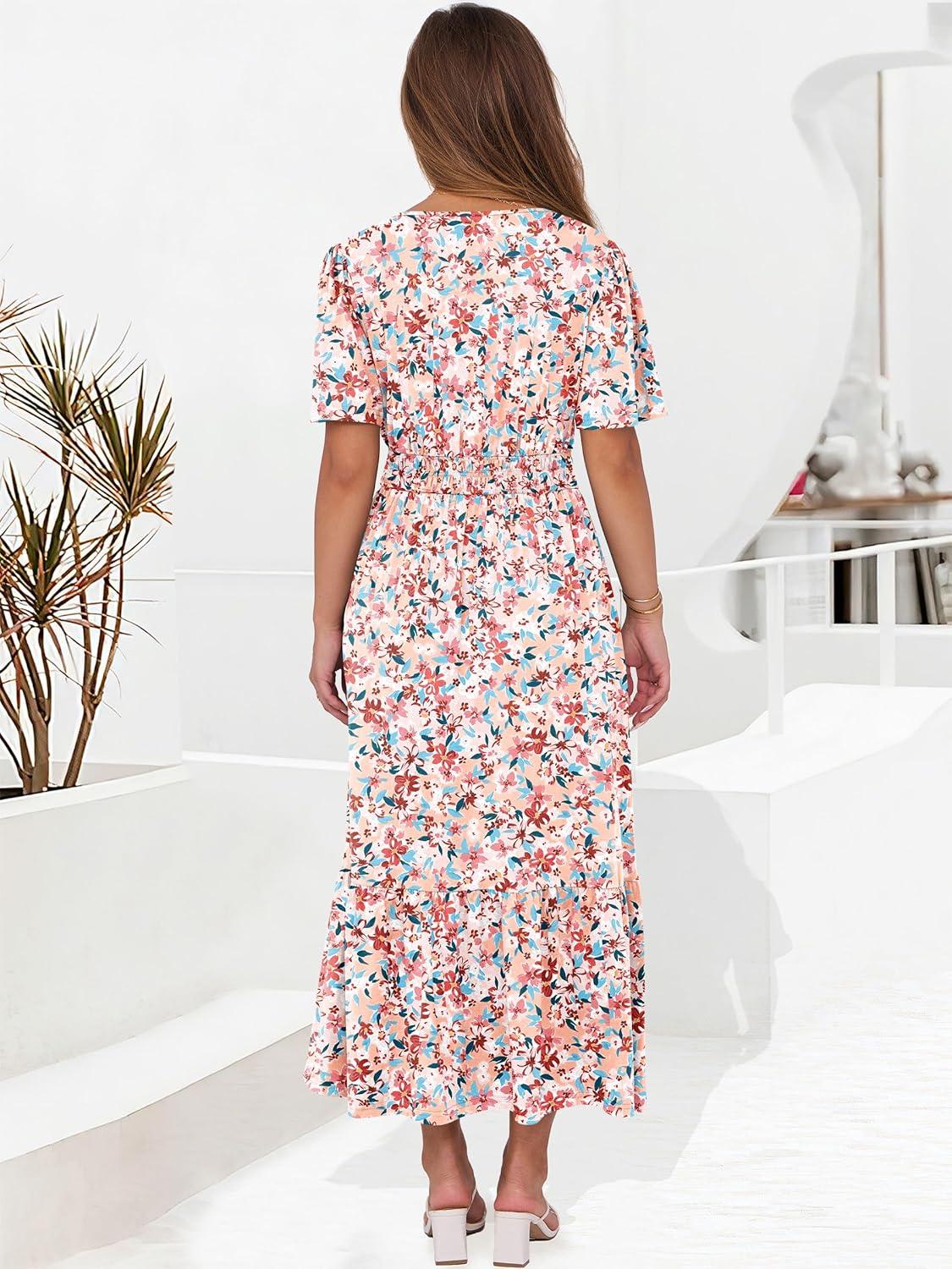 imageANRABESS Womens Summer Short Sleeve Maxi Dress 2025 Casual V Neck High Waist ALine Flowy Loose Tiered Boho Long DressesDeep Pink Floral