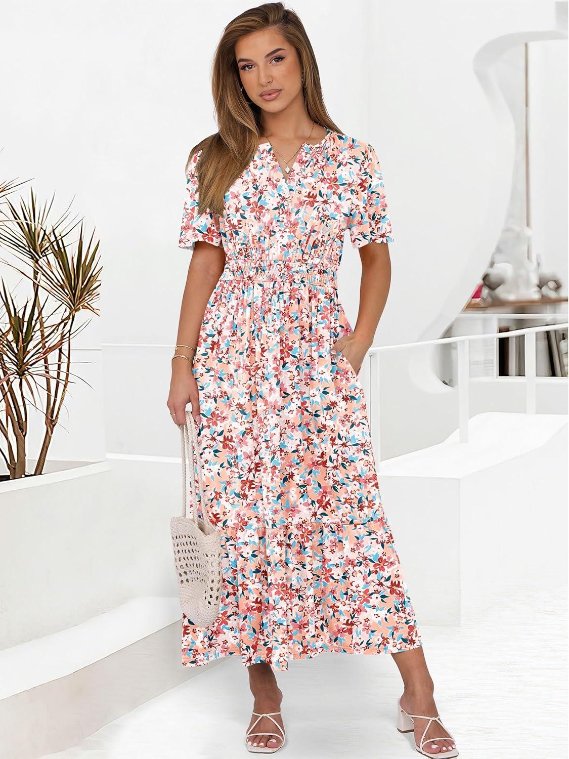 imageANRABESS Womens Summer Short Sleeve Maxi Dress 2025 Casual V Neck High Waist ALine Flowy Loose Tiered Boho Long DressesDeep Pink Floral
