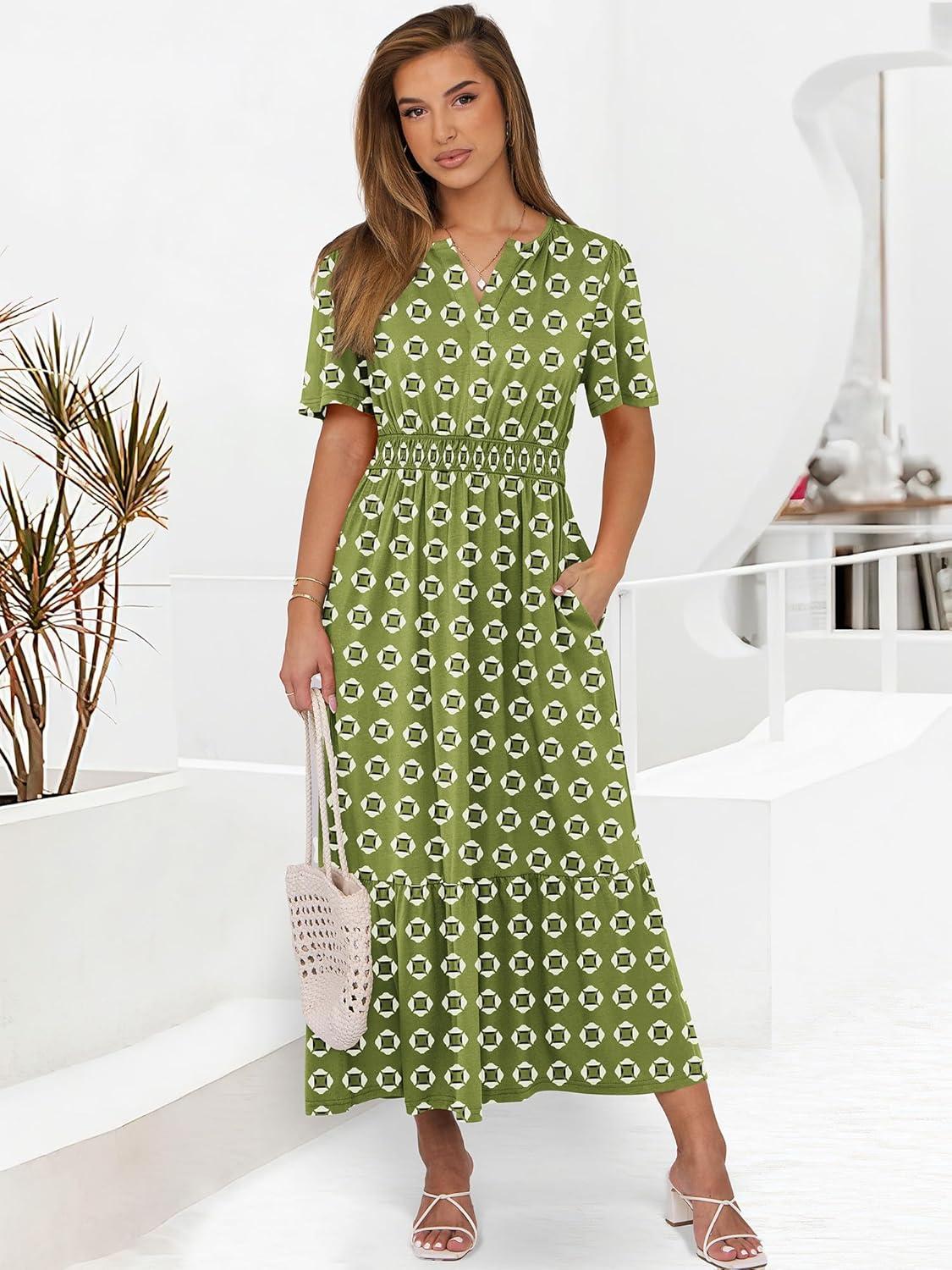 imageANRABESS Womens Summer Short Sleeve Maxi Dress 2025 Casual V Neck High Waist ALine Flowy Loose Tiered Boho Long DressesGreen Geometry
