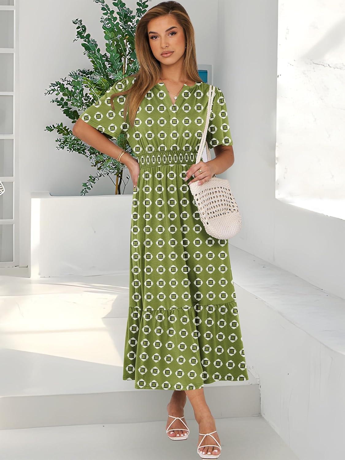 imageANRABESS Womens Summer Short Sleeve Maxi Dress 2025 Casual V Neck High Waist ALine Flowy Loose Tiered Boho Long DressesGreen Geometry