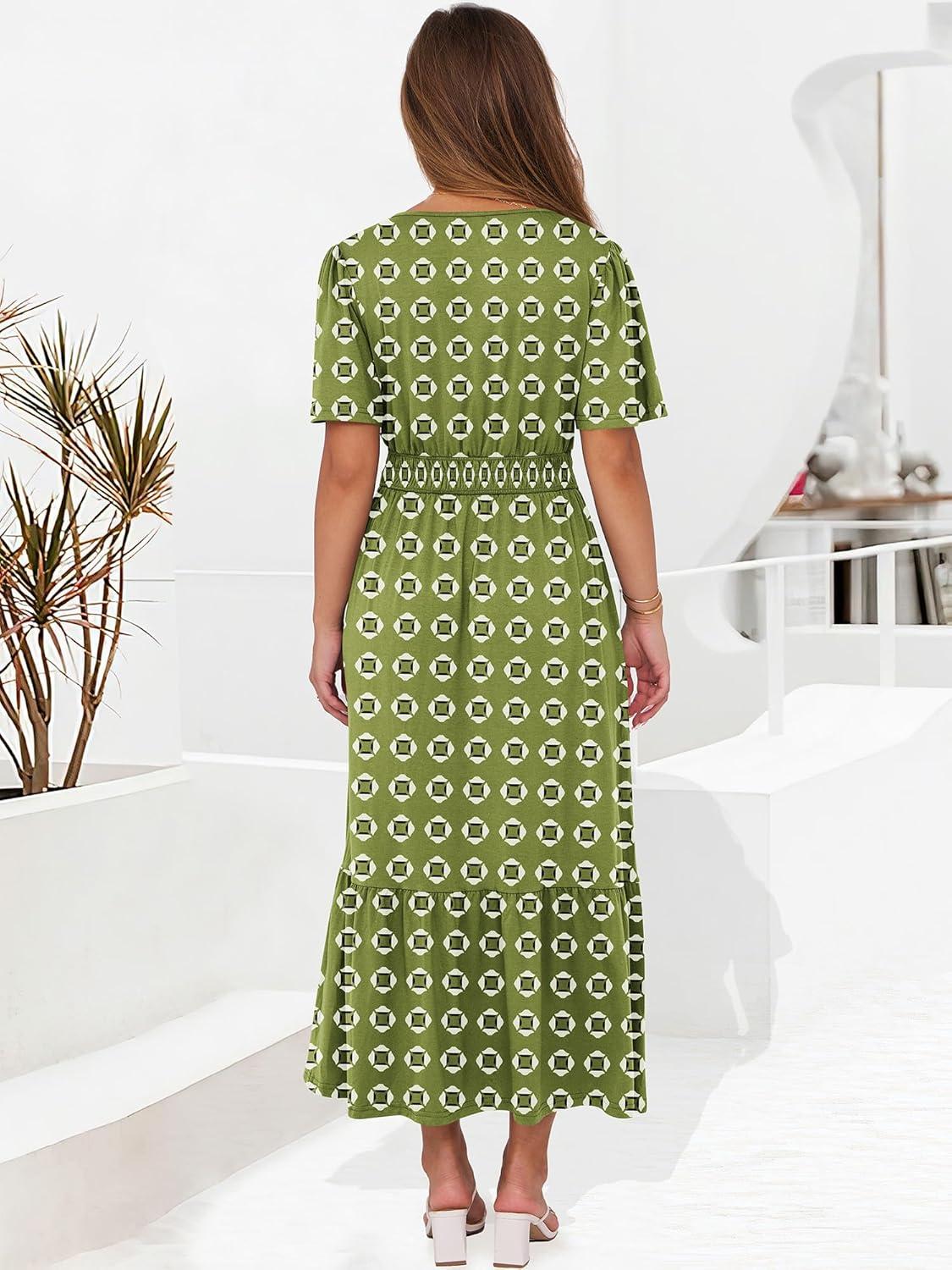 imageANRABESS Womens Summer Short Sleeve Maxi Dress 2025 Casual V Neck High Waist ALine Flowy Loose Tiered Boho Long DressesGreen Geometry