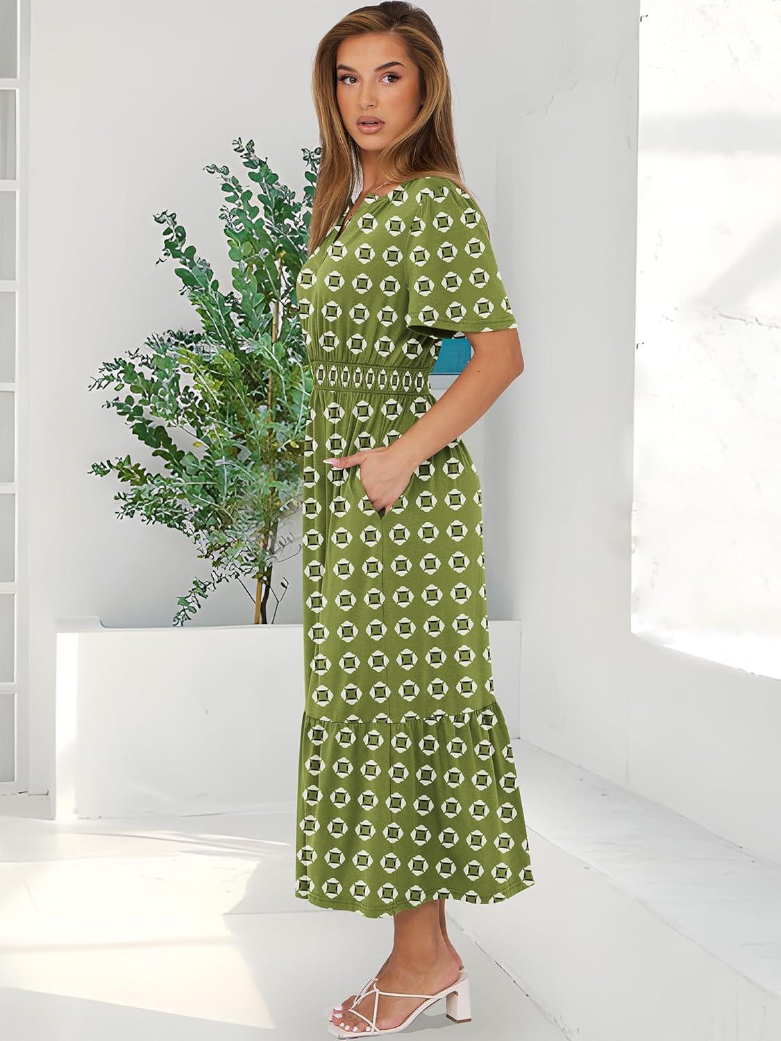 imageANRABESS Womens Summer Short Sleeve Maxi Dress 2025 Casual V Neck High Waist ALine Flowy Loose Tiered Boho Long DressesGreen Geometry