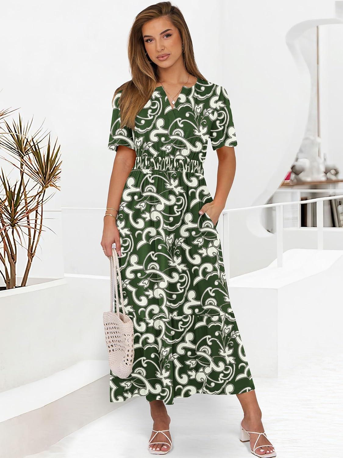 imageANRABESS Womens Summer Short Sleeve Maxi Dress 2025 Casual V Neck High Waist ALine Flowy Loose Tiered Boho Long DressesGreen Note