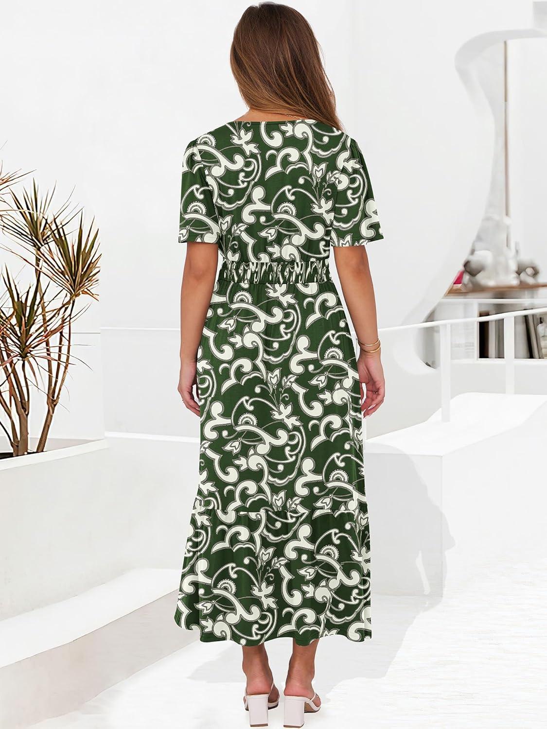 imageANRABESS Womens Summer Short Sleeve Maxi Dress 2025 Casual V Neck High Waist ALine Flowy Loose Tiered Boho Long DressesGreen Note