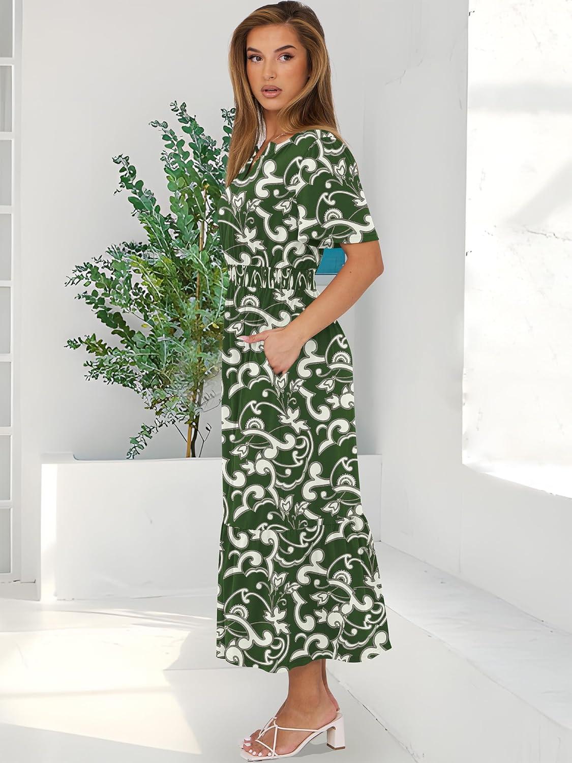 imageANRABESS Womens Summer Short Sleeve Maxi Dress 2025 Casual V Neck High Waist ALine Flowy Loose Tiered Boho Long DressesGreen Note