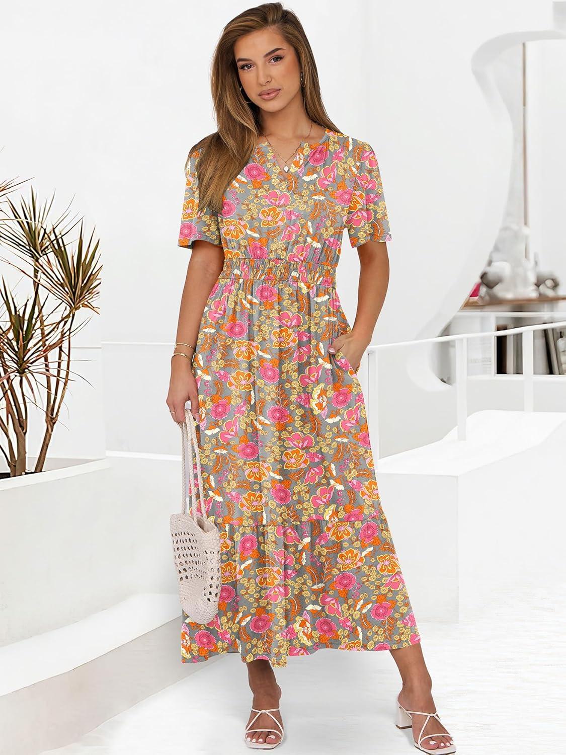 imageANRABESS Womens Summer Short Sleeve Maxi Dress 2025 Casual V Neck High Waist ALine Flowy Loose Tiered Boho Long DressesGrey Pink Floral