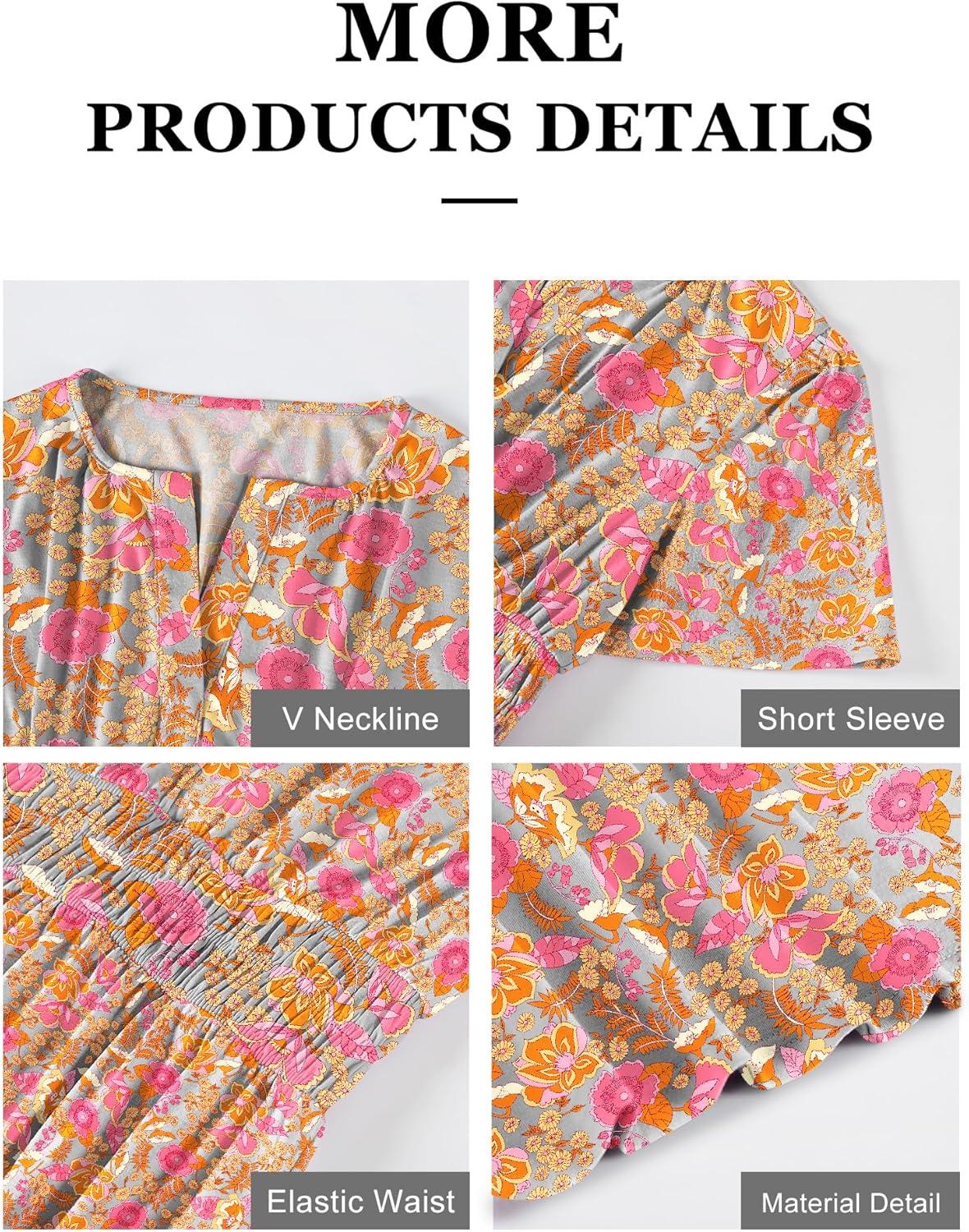 imageANRABESS Womens Summer Short Sleeve Maxi Dress 2025 Casual V Neck High Waist ALine Flowy Loose Tiered Boho Long DressesGrey Pink Floral