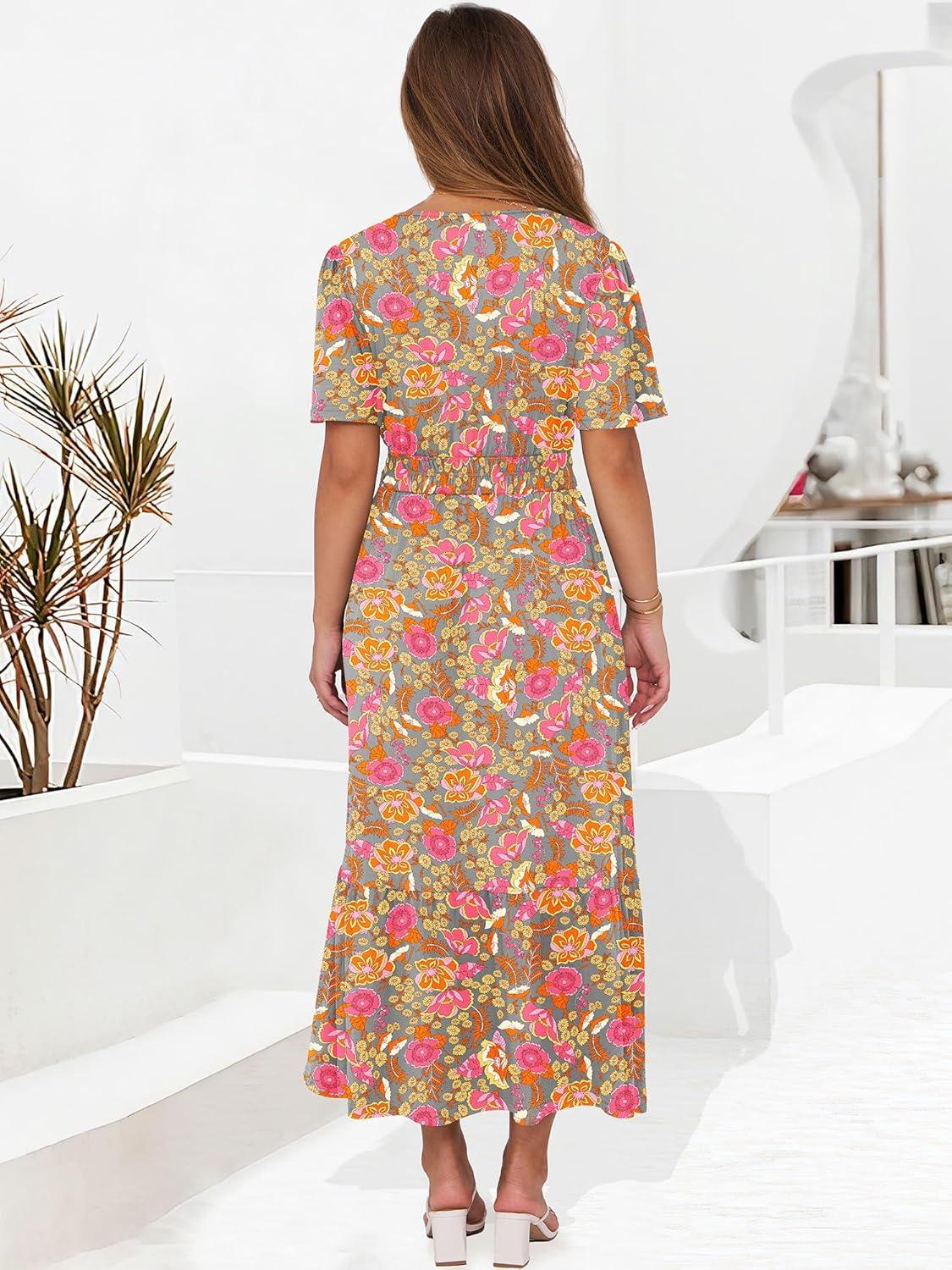 imageANRABESS Womens Summer Short Sleeve Maxi Dress 2025 Casual V Neck High Waist ALine Flowy Loose Tiered Boho Long DressesGrey Pink Floral