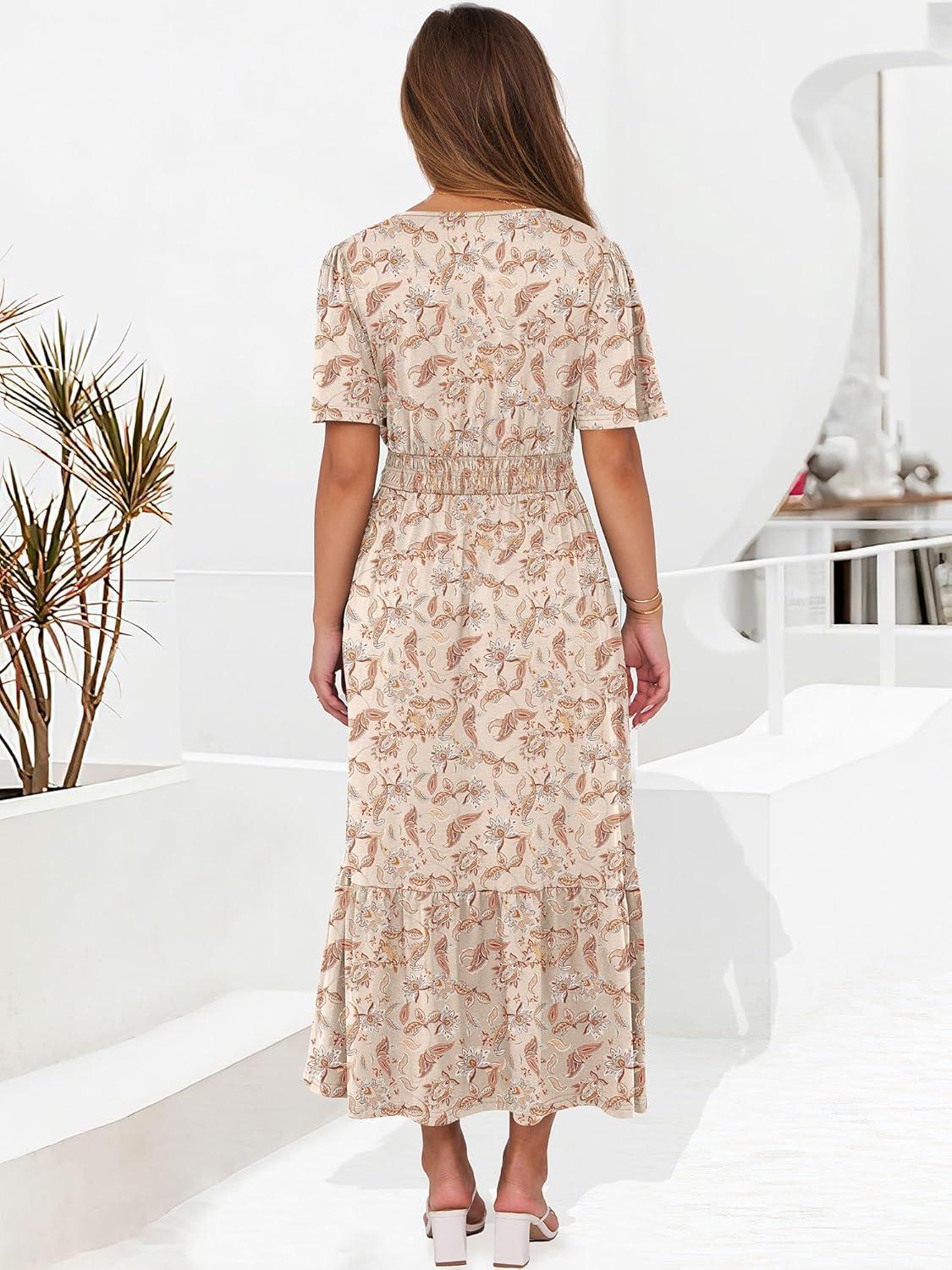 imageANRABESS Womens Summer Short Sleeve Maxi Dress 2025 Casual V Neck High Waist ALine Flowy Loose Tiered Boho Long DressesPrint Floral Brown