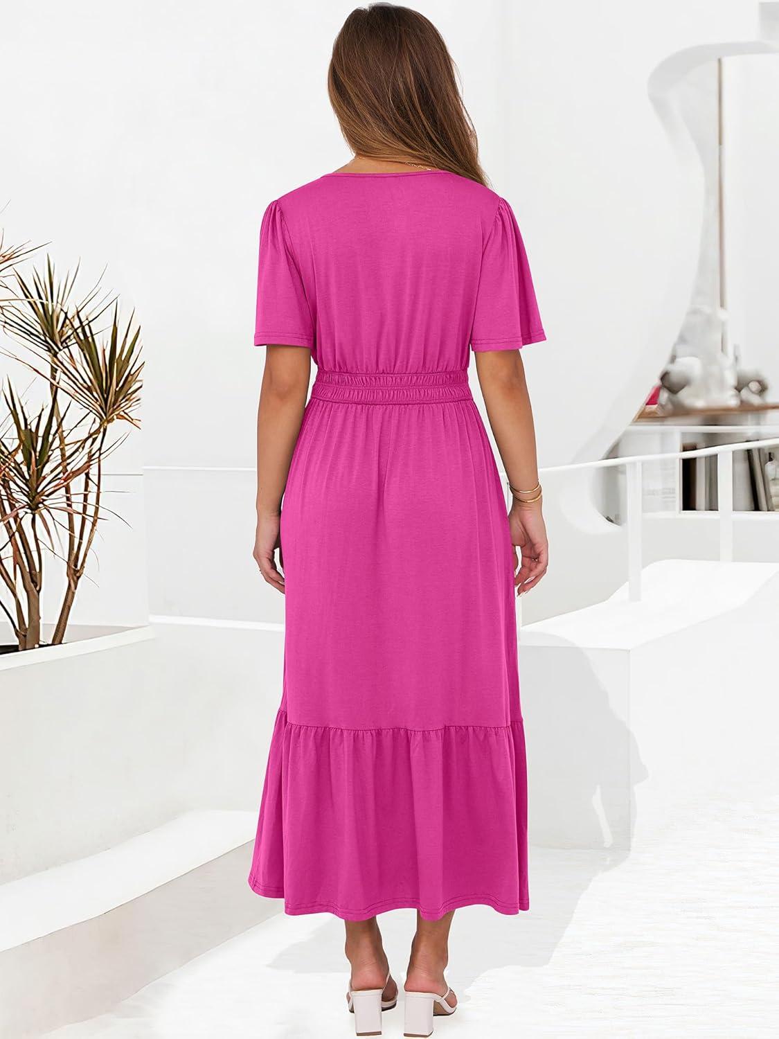 imageANRABESS Womens Summer Short Sleeve Maxi Dress 2025 Casual V Neck High Waist ALine Flowy Loose Tiered Boho Long DressesRed