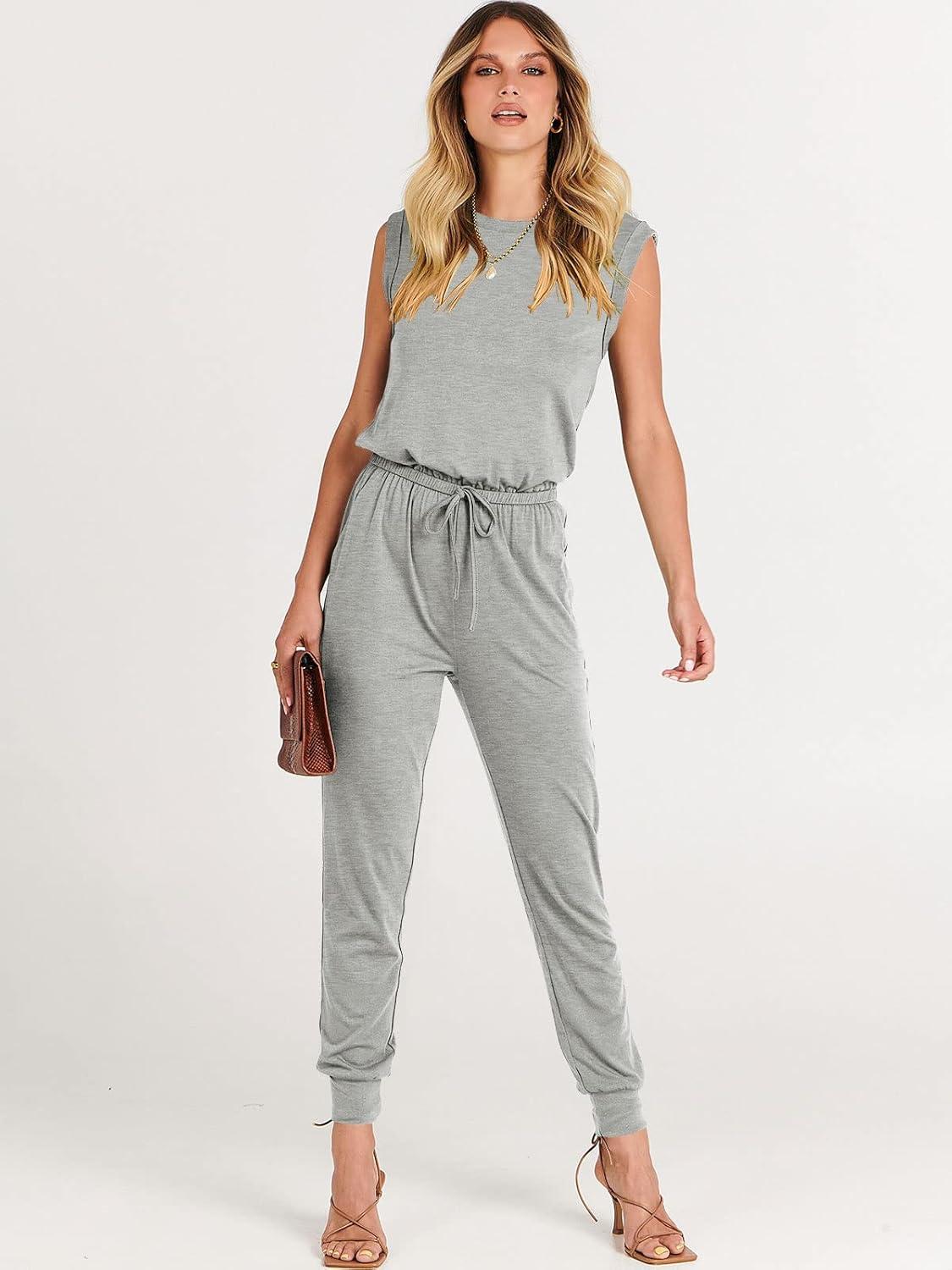 imageANRABESS Womens Summer Sleeveless Jumpsuits Casual Dressy Stretchy Crewneck Rompers One Piece Outfits Fall Fashion 2025Gray