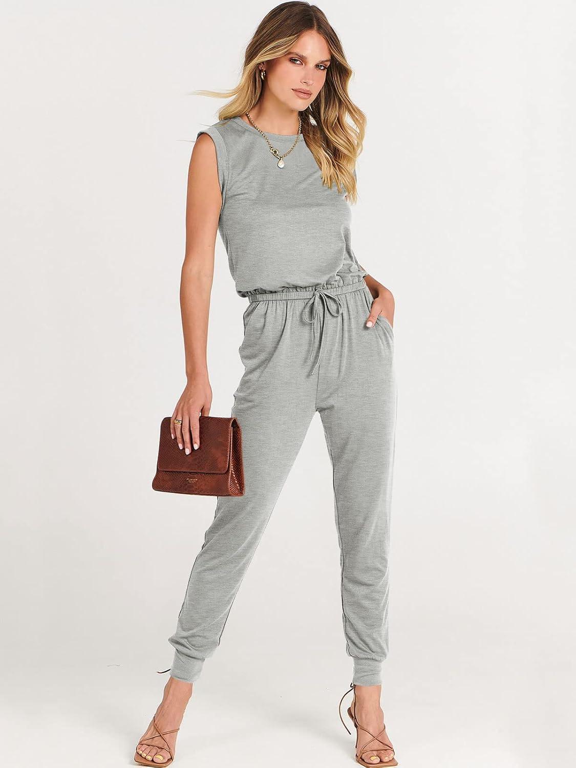imageANRABESS Womens Summer Sleeveless Jumpsuits Casual Dressy Stretchy Crewneck Rompers One Piece Outfits Fall Fashion 2025Gray