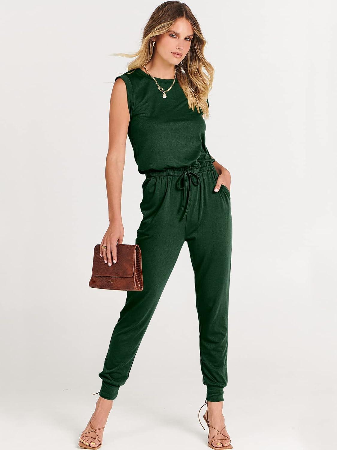 imageANRABESS Womens Summer Sleeveless Jumpsuits Casual Dressy Stretchy Crewneck Rompers One Piece Outfits Fall Fashion 2025Green