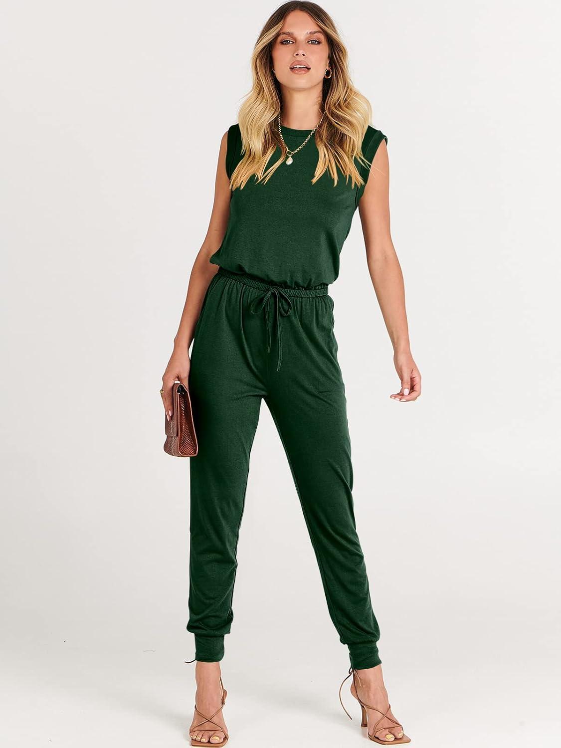 imageANRABESS Womens Summer Sleeveless Jumpsuits Casual Dressy Stretchy Crewneck Rompers One Piece Outfits Fall Fashion 2025Green