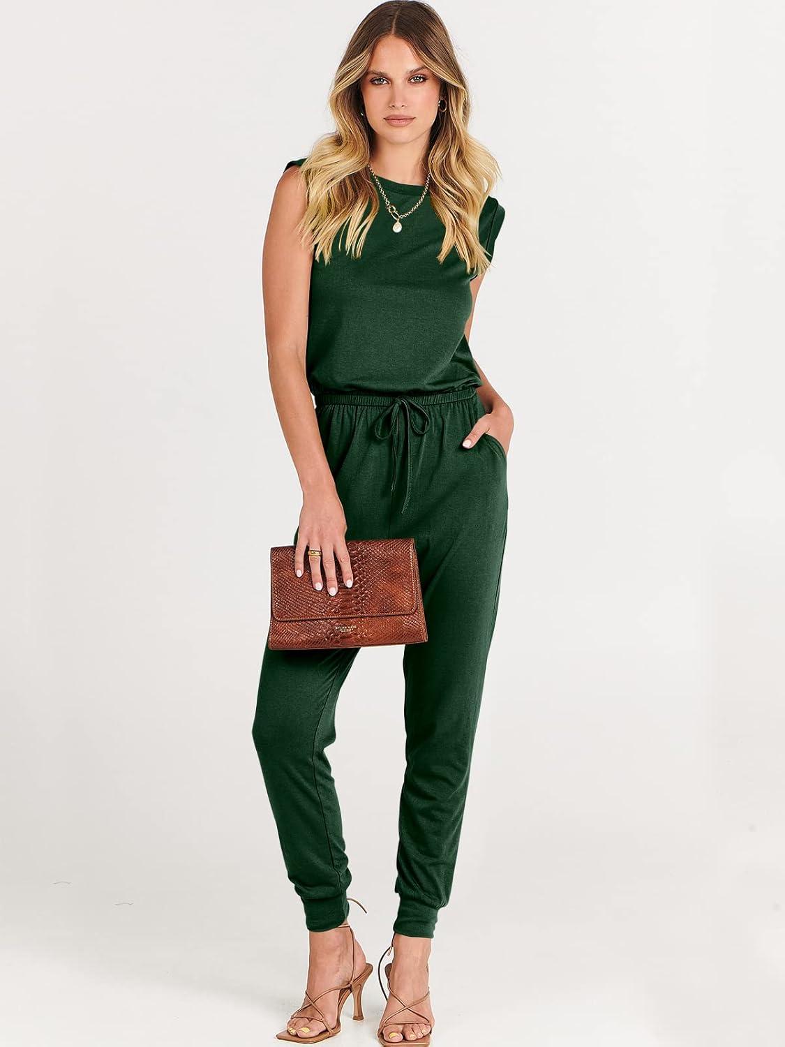 imageANRABESS Womens Summer Sleeveless Jumpsuits Casual Dressy Stretchy Crewneck Rompers One Piece Outfits Fall Fashion 2025Green