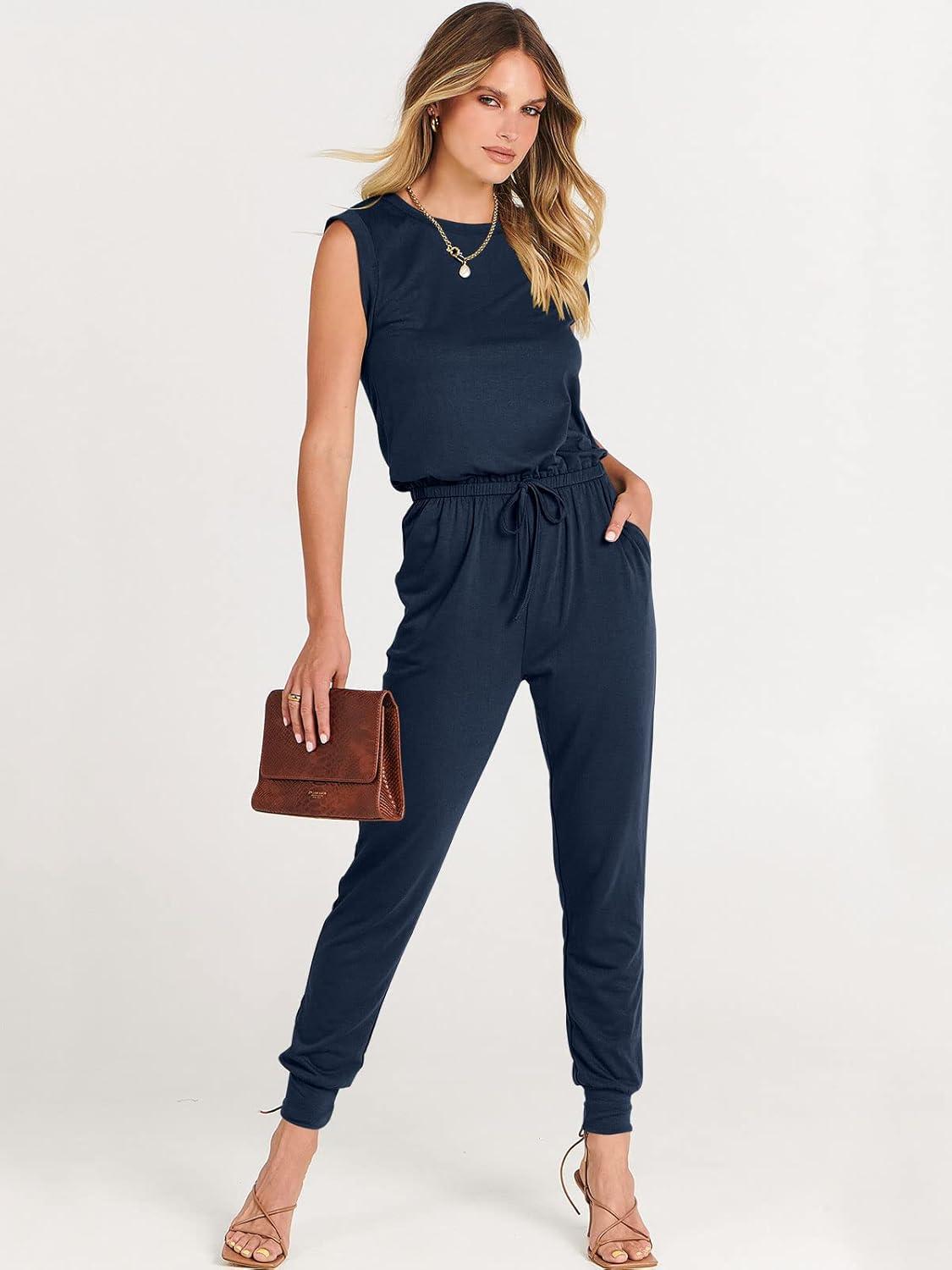 imageANRABESS Womens Summer Sleeveless Jumpsuits Casual Dressy Stretchy Crewneck Rompers One Piece Outfits Fall Fashion 2025Navy Blue