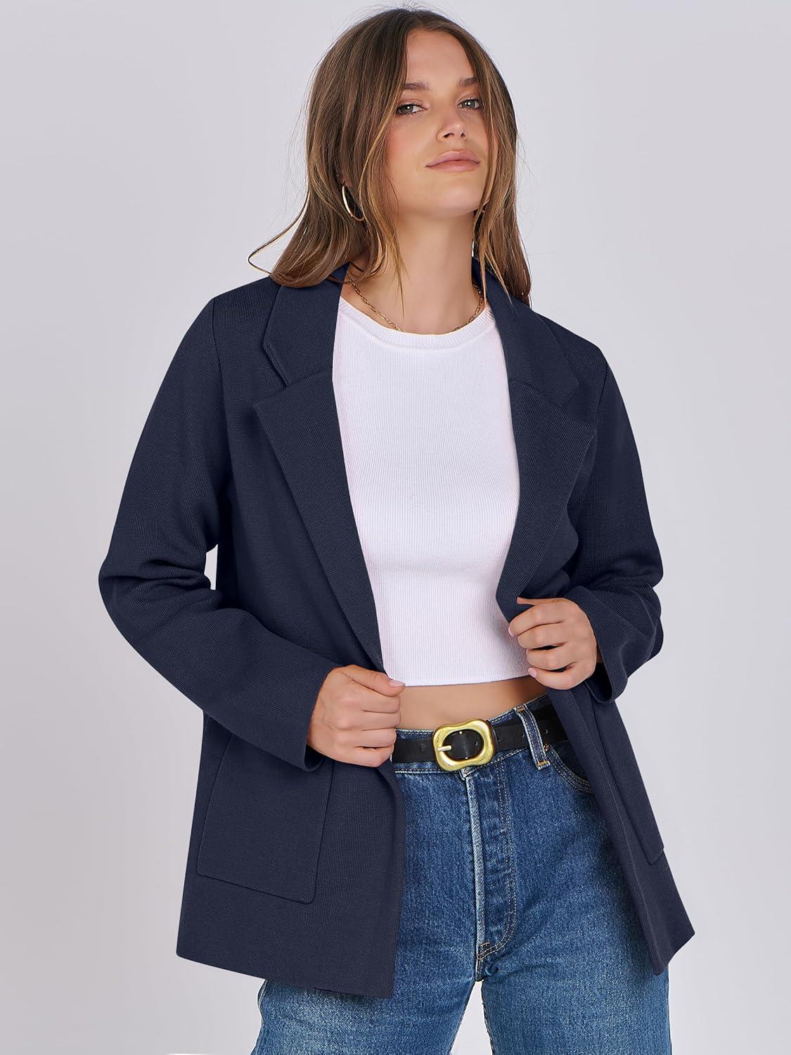 imageANRABESS Womens Sweater Blazer 2025 Fall Cardigan Chunky Knit Jacket CoatsNavy Blue