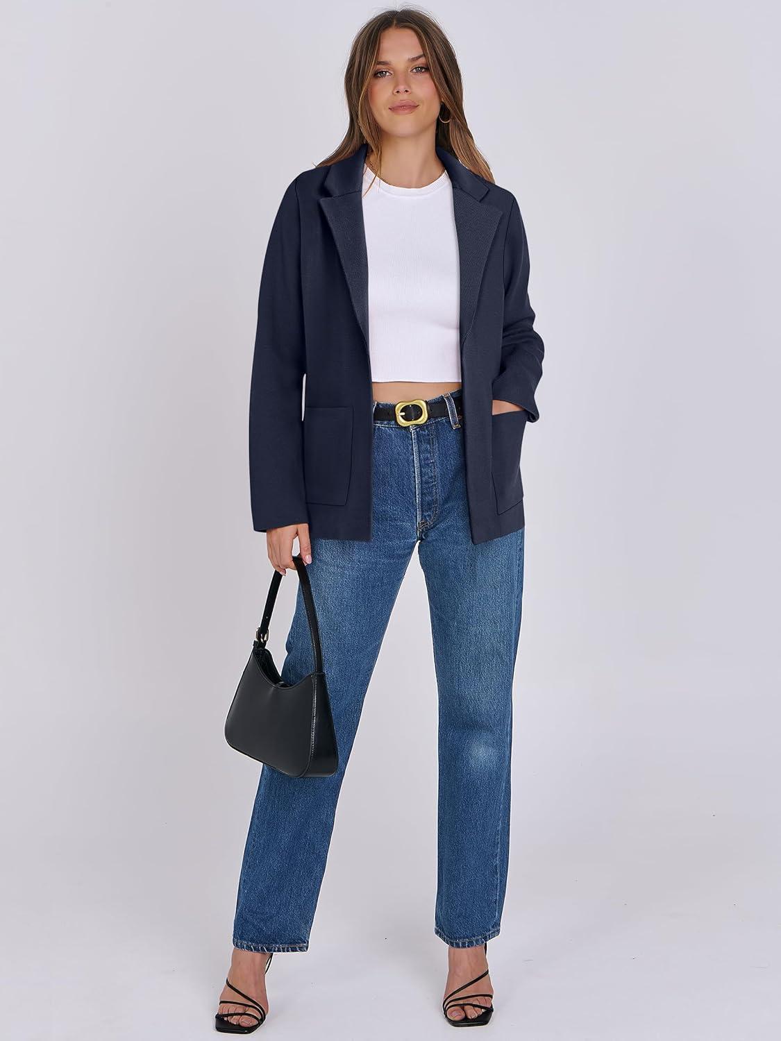 imageANRABESS Womens Sweater Blazer 2025 Fall Cardigan Chunky Knit Jacket CoatsNavy Blue