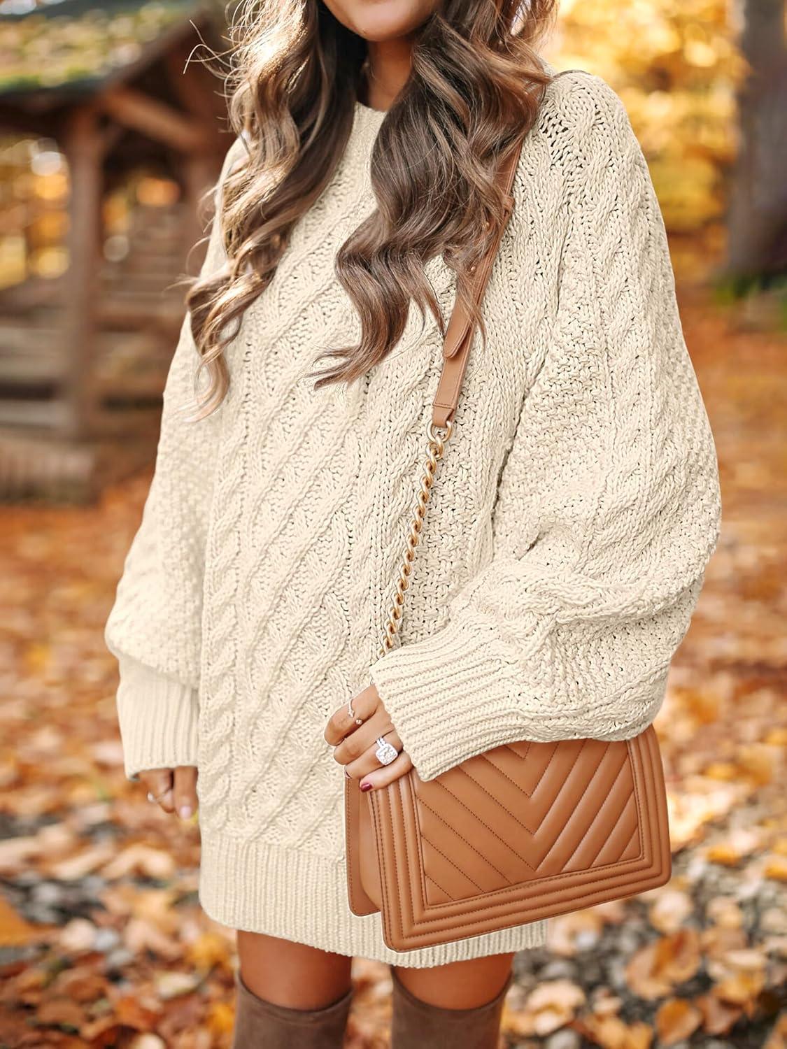 imageANRABESS Womens Sweater Dress Oversized Cable Knit Chunky Long Sleeve Short Dresses 2025 Fall Outfits Vacation Winter ClothesBeige